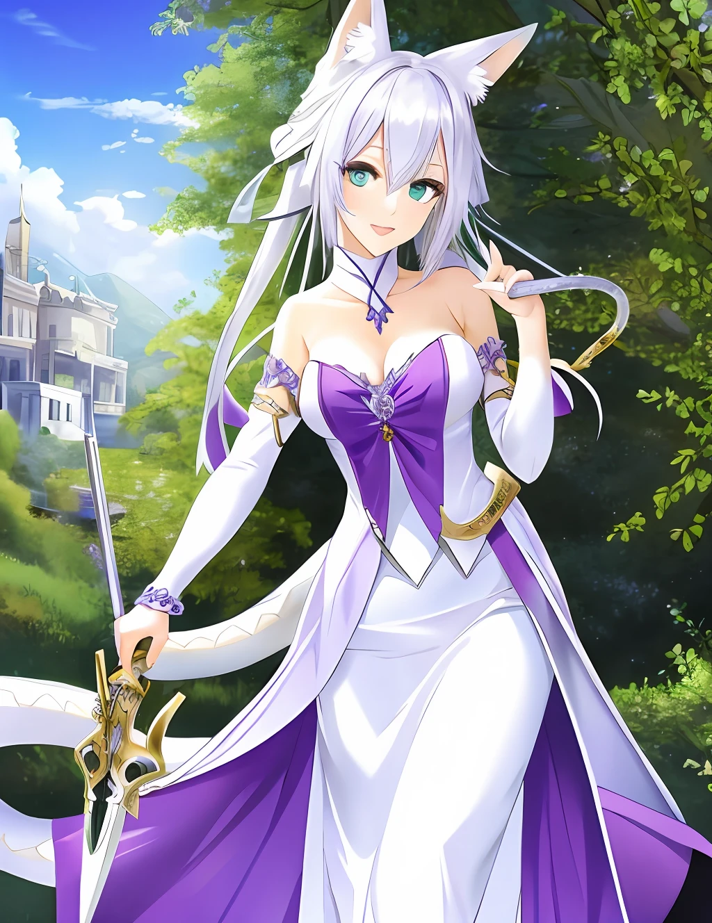 White fox cute girl violet dress antique green eyes She has a snake-type weapon on her hand that shines all over her body
