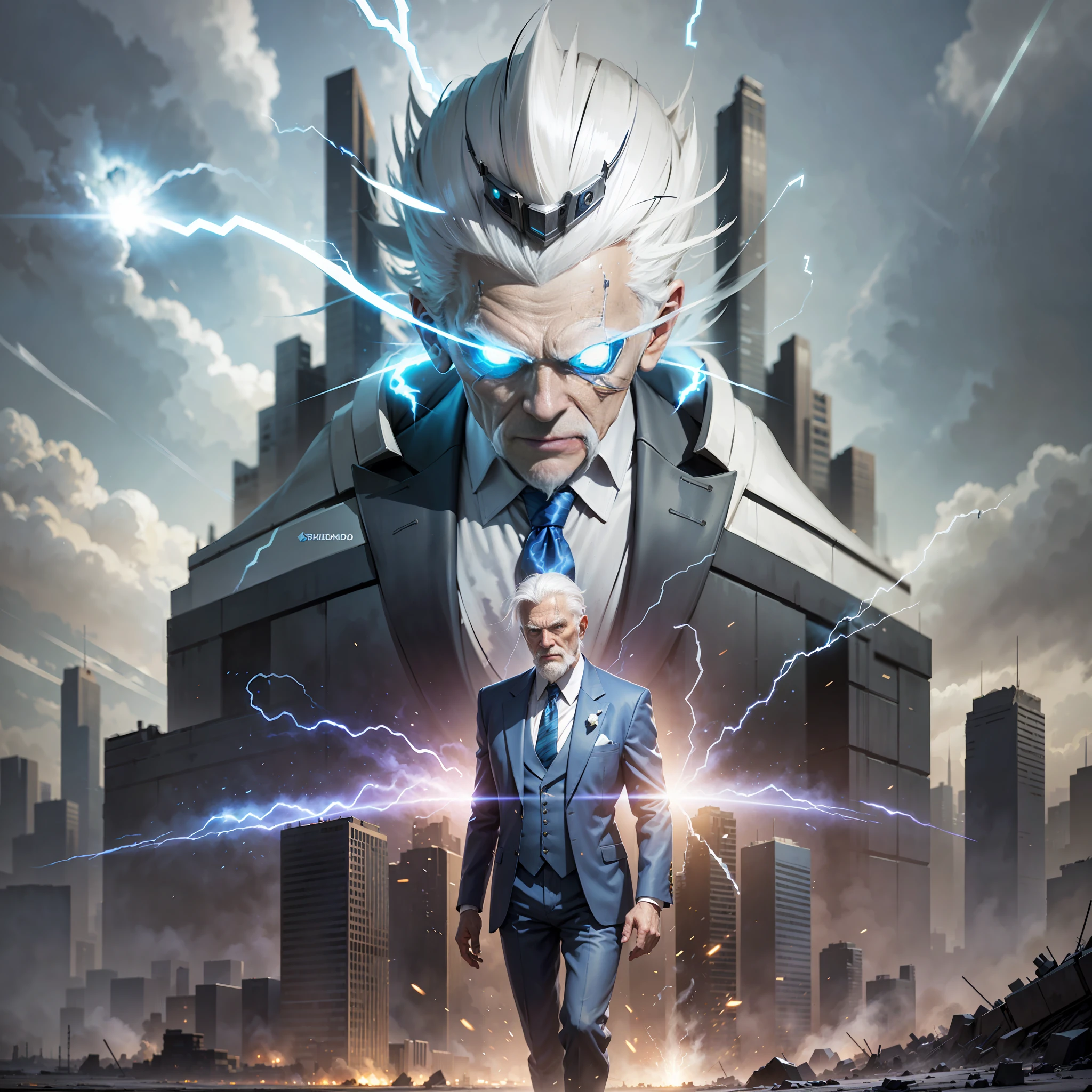 (White-haired old man in suit, overlord breath, blue and black lightning particles emitting around) The background is Doomsday Ruins Battlefield, 3D rendering, movie special effects, movie lighting, clear HD, 8K resolution, very detailed, digital painting, concept art, Shinkai Makoto style, pop popularization trend, pop, pop trend, pop trend.