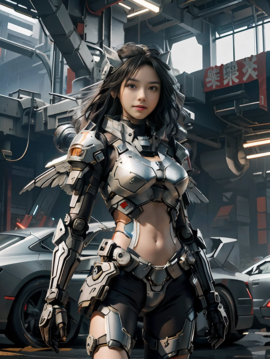 Masterpiece, (Best Quality), Highly Detailed, Ultra Detailed, 1 Girl, (Mechanical Wings: Red, Glowing Eyes: Blue, Silver Armor: 1.2, Elongated Ears: 0.8), (Cyberpunk: 1.5, Weapon: Energy Blade), (Fantasy Landscape: 1.2, Natural Daylight: 1.5, Confident Expression), (Panorama: 1.2), Mecha, Smile, Angle, Angel, Wings,