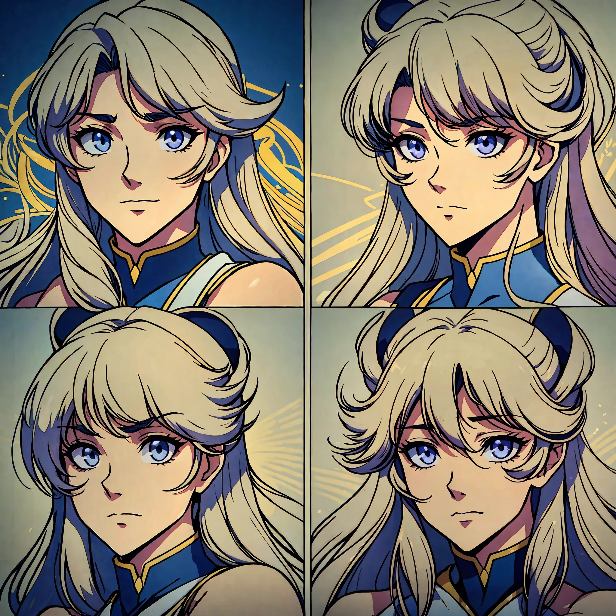 (Images Similar to Retro Anime from the 1980's), Generate images that beautifully represent characters like Athena and Saori Kido from Saint Seiya. Produce an image that the hair, eyes, lips and other parts of the face are drawn soft and gracefully, and the skin texture is also smooth and beautifully drawn, the mysterious and elegant figure of the elaborate and beautiful dignified style, the beautiful key visual and official artwork of the beautiful man dressed as a very detailed and sophisticated man, and the facial expressions of the identified character. The facial expressions of the characters are drawn in a variety of ways, and they should be laughing, surprised, happy, amused, embarrassed, etc., and it would be nice if they could be diverse, and also generate images depicting profiles and oblique faces. Draw a face that has its own personality and characteristics while incorporating realistic expressions such as facial contours and jouro, downward eyebrows, meek eye shapes, and raised mouth expressions. In addition, I would be happy if you could make the image necessarily monotone, with a unique atmosphere and beauty, never put diagonal lines on the cheeks, solo, innocent, brave, dignified, elegant, cinematic lighting, top quality, anatomically correct, super detail, masterpiece ,  %https://www.google.com/imgres?imgurl=https%3A%2F%2Fwww.tms-e.co.jp%2Fmedia%2F002%2F202006%2Fmode3_w489-%25E3%2583%2598%25E3%2582%2599%25E3%2583%25AB%25E3%2582%25B5%25E3%2582%25A4%25E3%2583%25A6%25E3%2581%25AE%25E3%2581%25AF%25E3%2582%2599%25E3%2582%2589_028101.jpg&tbnid=O7OM8msnkVFMNM&vet=1&imgrefurl=https%3A%2F%2Fwww.tms-e.co.jp%2Falltitles%2F1970s%2F028101.html&docid=CcLvCZY-l-rmHM&w=450&h=252&hl=ja-JP&source=sh%2Fx%2Fim%2F4,