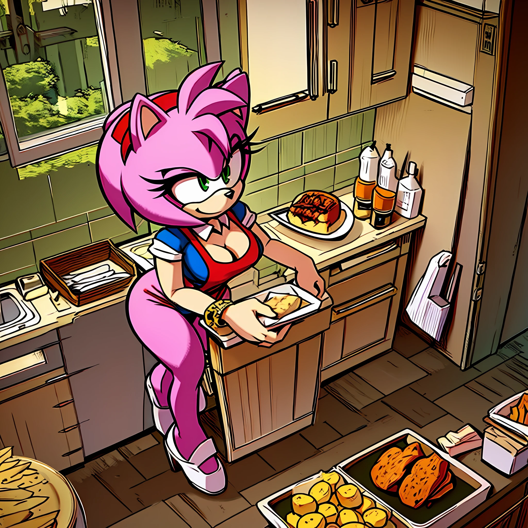 Amy Rose wearing only an apron, kitchen, giant breasts, smiling, cooking, detailed, masterpiece, perfect body,