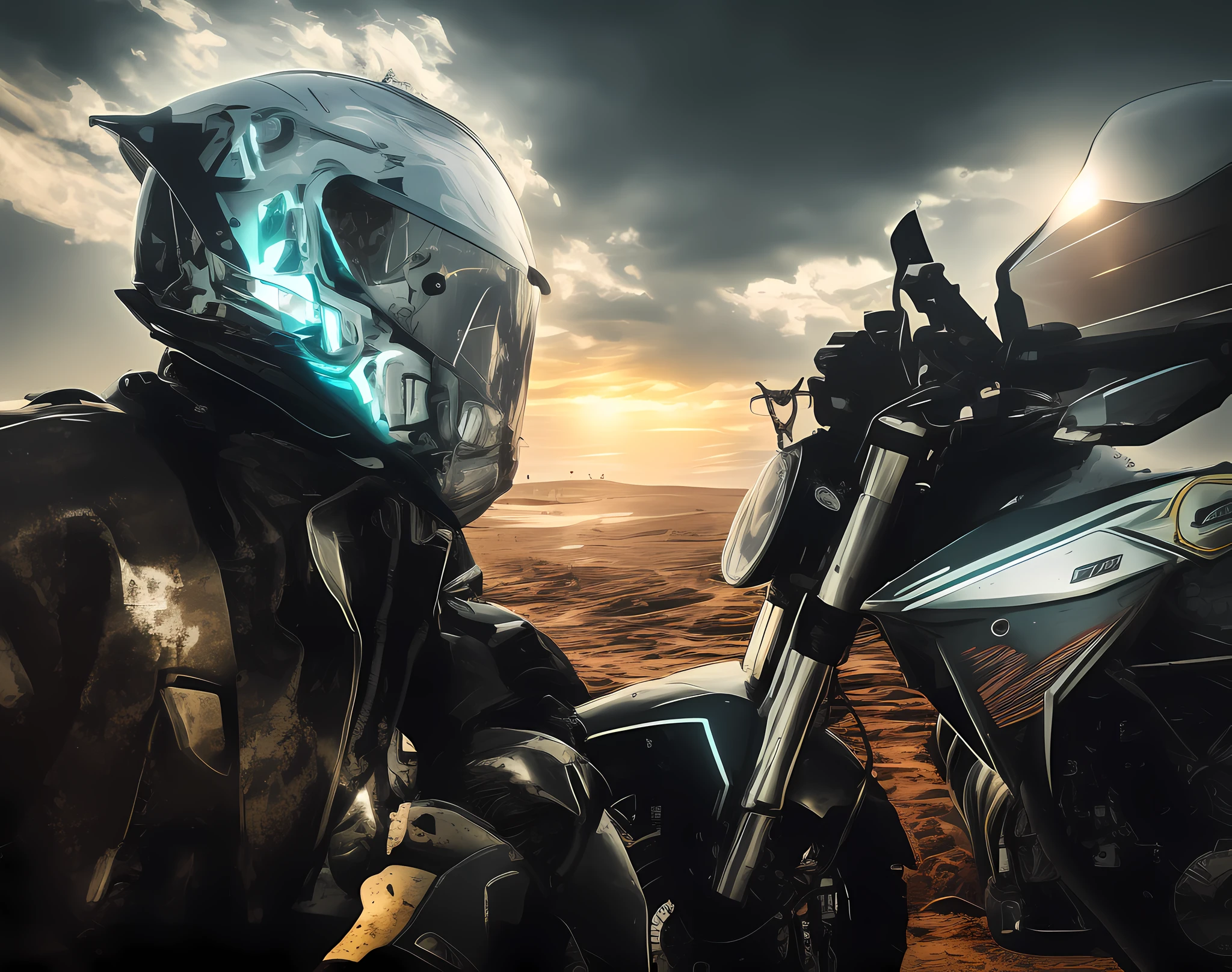 There is a man sitting on a motorcycle in the dirt, edited by Wayne England, edited by Edward Corbett, photography, photo shot with Nikon D750, photo with Nikon D 7 5 0, portrait shot, motorcyclist, Roman Brook, post processing, Lee Loveridge, front photo, cyclist, riding motorcycle, HDR shooting, motorcycle, cyberpunk style, helmet with mecha style --auto --s2