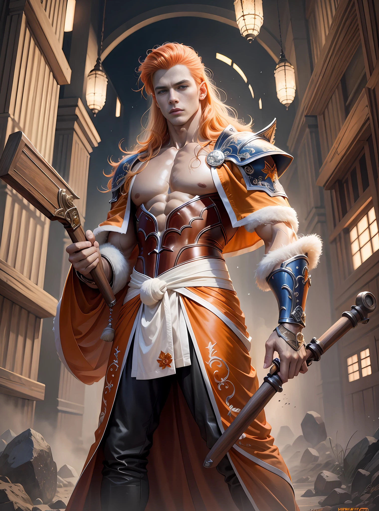 (hyper-realistic digital illustration), (perfect face:1.1), (high detail:1.1) like mage battle, extremely handsome male wearing micro orange g-string, mage long red robes, clean shaved, front view, lying on his back, holding legs raised, athletic body, (white skin), bare chest, flat chest,(long orange hair scruffy ), serene expression, small waist, muscular. best quality, high-resolution