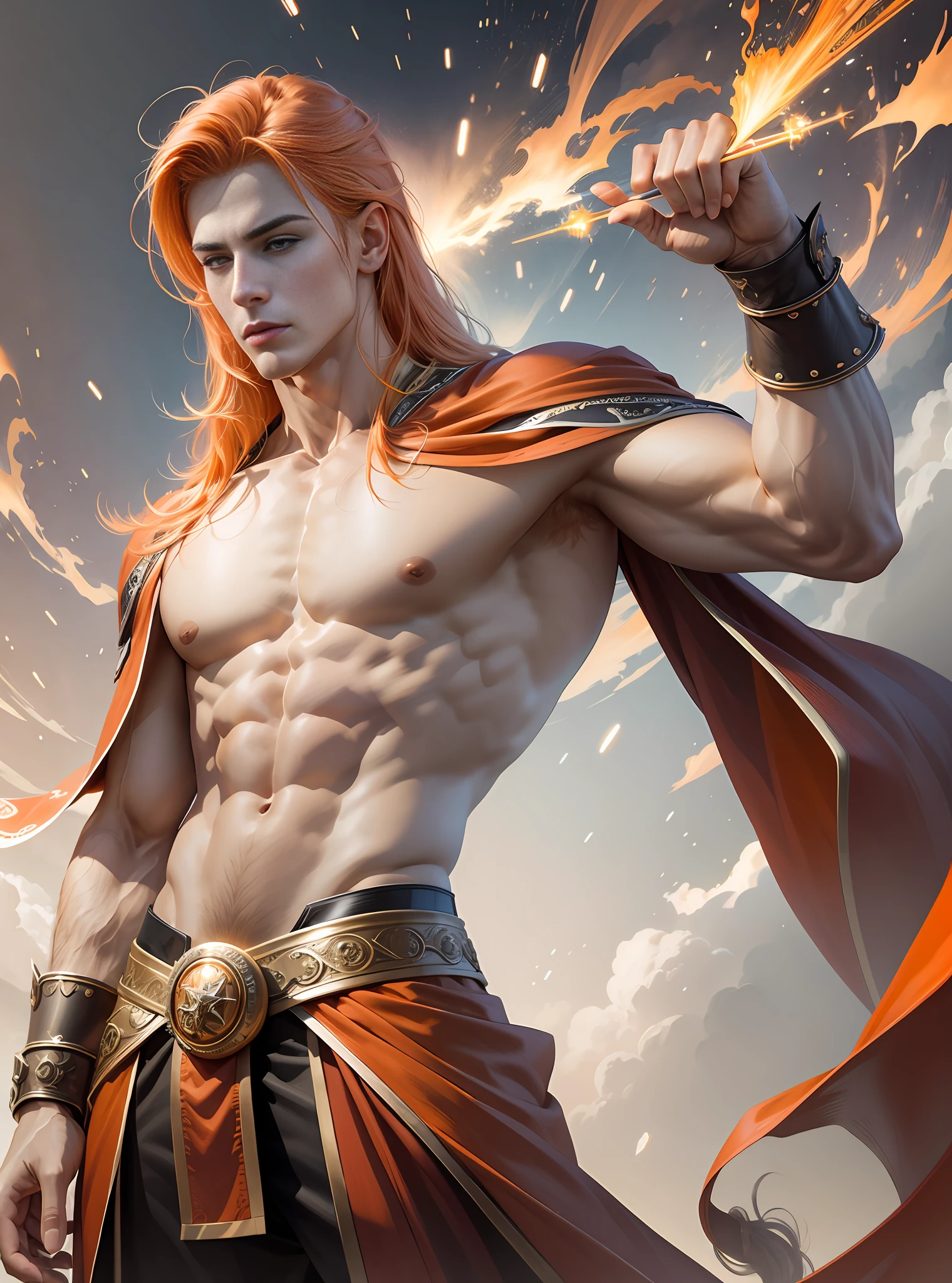 (hyper-realistic digital illustration), (perfect face:1.1), (high detail:1.1) like mage battle, extremely handsome male wearing micro orange g-string, mage long red robes, clean shaved, front view, lying on his back, holding legs raised, athletic body, (white skin), bare chest, flat chest,(long orange hair scruffy ), serene expression, small waist, muscular. best quality, high-resolution