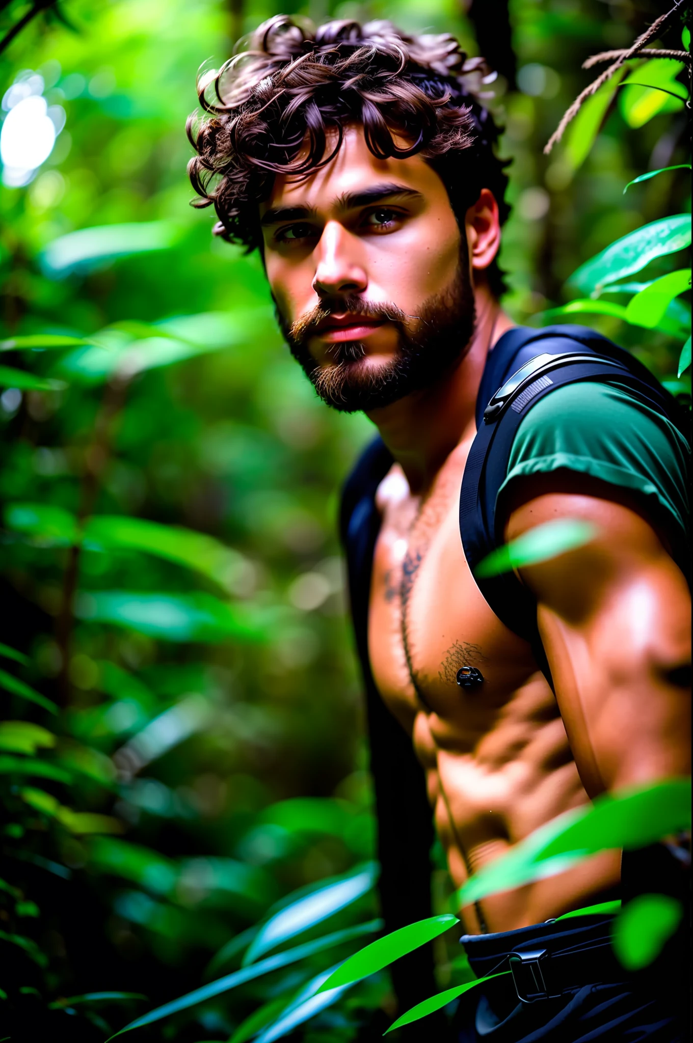 A young and extremely handsome and fitted rugged adventurer lost in a lush and foggy jungle, determined to complete hismission, short messy hair