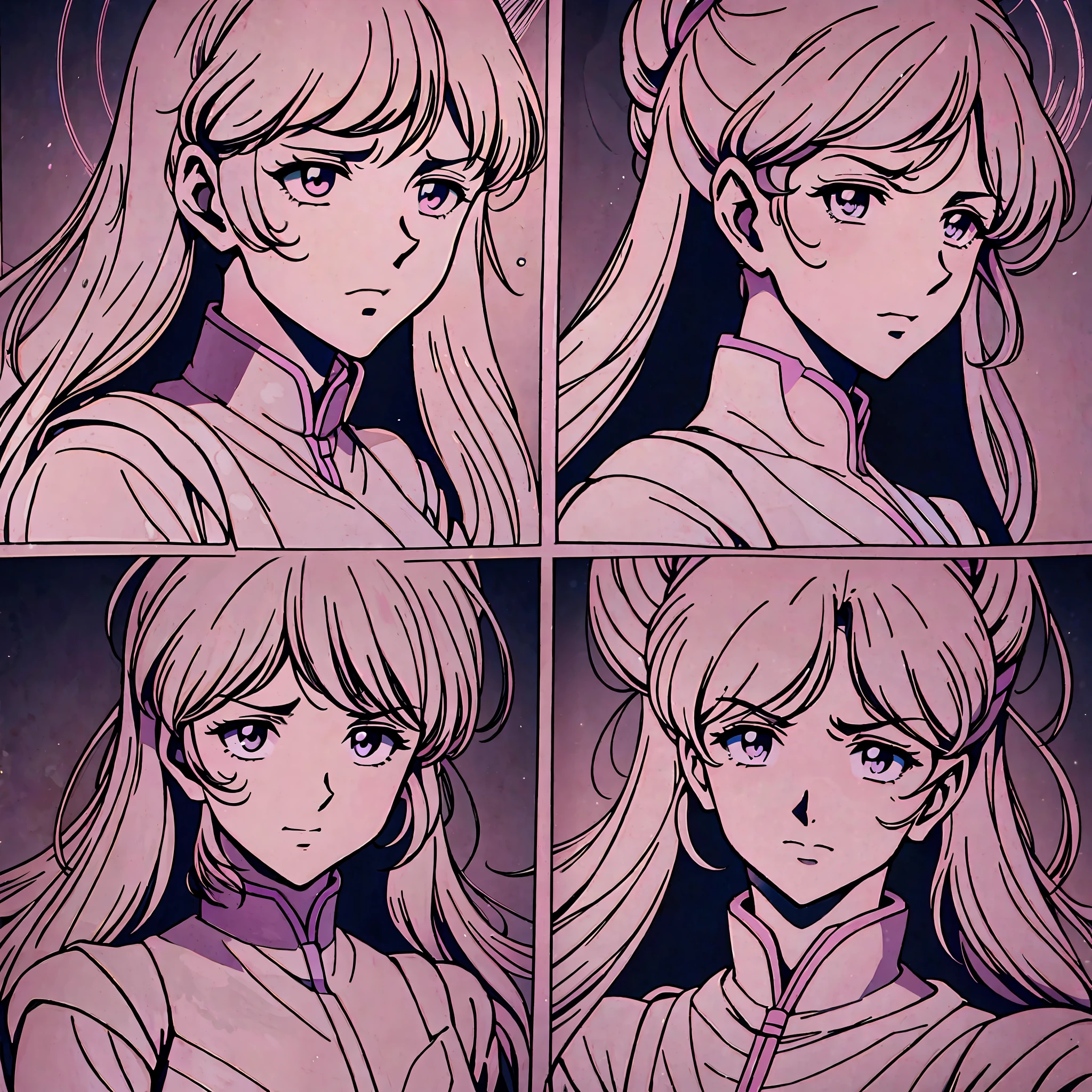 (images similar to retro anime from the 1970's), Generate images in the style of characters from "Mobile Suit Gundam", mysterious and elegant figures with a dignified style of exquisite and beautiful, very detailed, elegant and pretty fantasy anime goddesses, or beautiful key visuals and official artwork like heavenly maidens, Generate a collection of facial expressions and poses of the identified character. The facial expressions of the characters are drawn in a variety of ways, and they should be laughing, surprised, happy, amused, embarrassed, etc., and it would be nice if they could be diverse, and also generate images depicting profiles and oblique faces. Draw a face that incorporates realistic expressions such as facial contours, jouro, eyebrow and eye shapes, and mouth expressions, but has its own personality and characteristics. I would also be happy if you could make an image with a unique atmosphere and beauty, drawn in monotone, ****, Fujicolor, cinematic lighting, super detail, curated, highest quality, anatomically correct, super detail, masterpiece , % https://static.mercdn.net/item/detail/orig/photos/m48909178731_1.jpg,