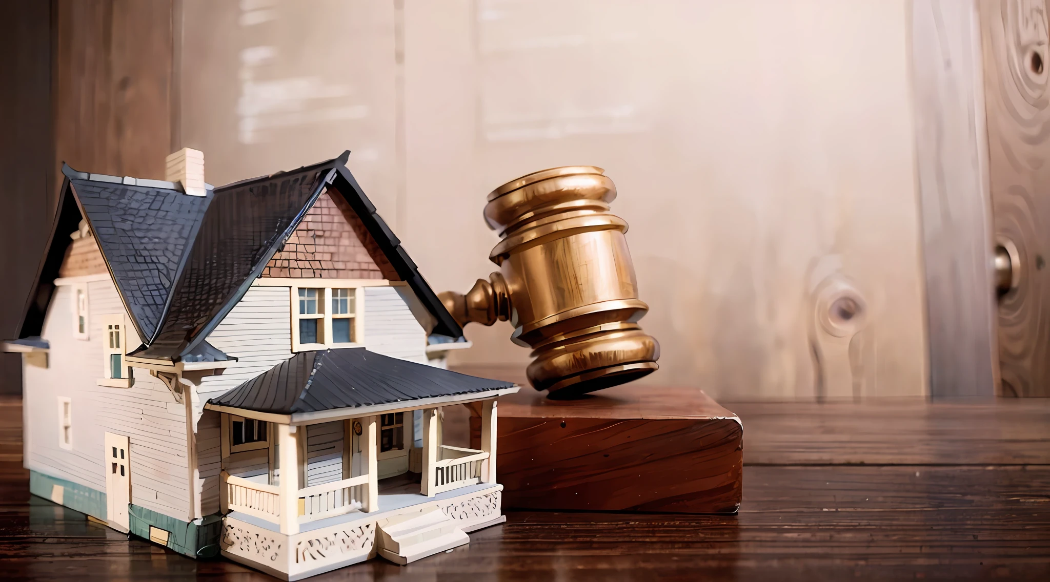 an engraving of a closeup of a miniature house with a hammer on a table, trim, remarkable details, hammer, debilitation, advertisement image, detailed environment, animation, settlement, looking partially to the left, contrasts of law, law - aligned, sold at an auction, court images