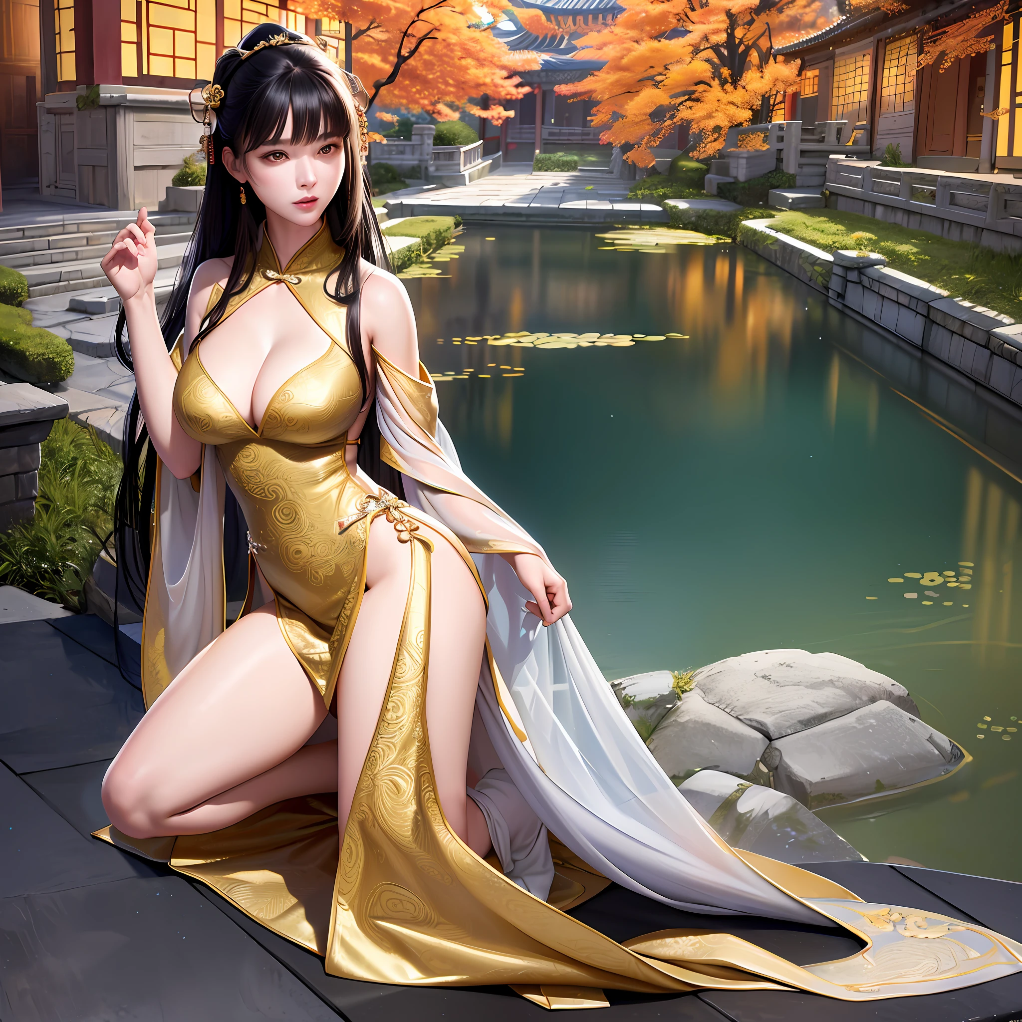 unparalleled masterpiece, ultra realistic 8k CG, perfect artwork, ((perfect female figure)),mature female, milf,chinese deity, alluring, clean, beautiful face, pure face, pale skin, absurdly long hair, divine goddess, shiny skin, skindentation,delicate pattern, intricate detail, (rich:1.4),fantasy, divine, clean, rich, prestige, fantastic, supreme, apex, paramount, goddess, lace, lace trim, delicate pattern, shiny skin, gold, royal, queen, supernatural, phenomenal, fabulous, marvelous, stupendous, terrific, spotlight, extremely detailed face, super idol face,messy hair, perfect lighting, plentiful, (detailedlight),((anextremelydelicateandbeautiful)),dramatic_shadow,ray_tracing ,((kneeling,full body, )),
((ancient china background, china patterns, shawl, hagoromo, hanfu, detailed clothes,chinese pattern dress)), (indoors + dark vibe + china courtyard + pond + pavilion + peaceful + bridge + trees),