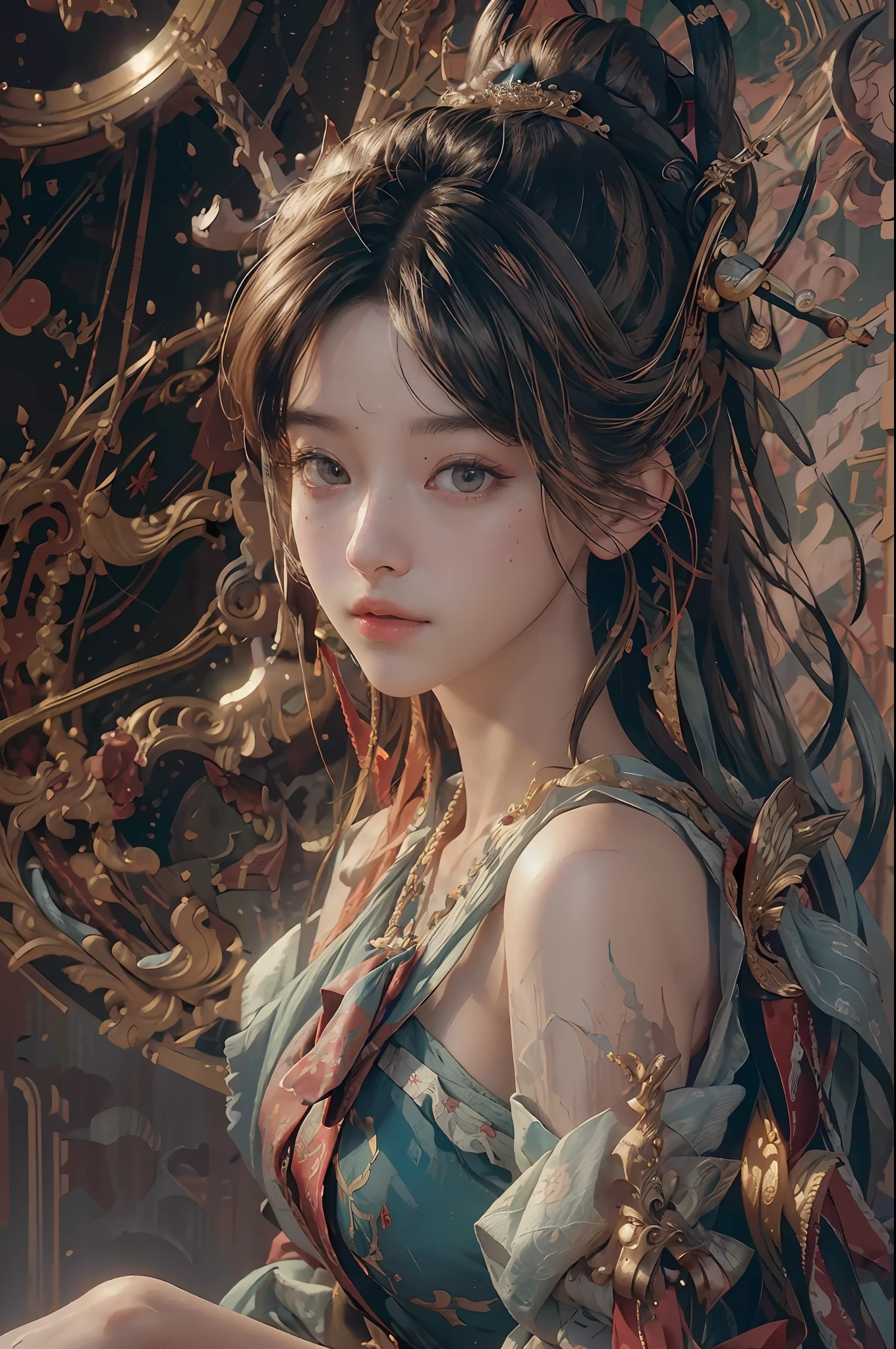 (RAW photo, best quality), (realistic, photo-realistic:1.3),best quality,highly detailed,masterpiece,ultra-detailed,illustration,1girl,upper_body,dynamic angle,world masterpiece theater,messy_long_hair,best quality,extremely detailed CG unity 8k wallpaper,ink,Amazing,cinematic lighting,lens_flare, dunhuang_style