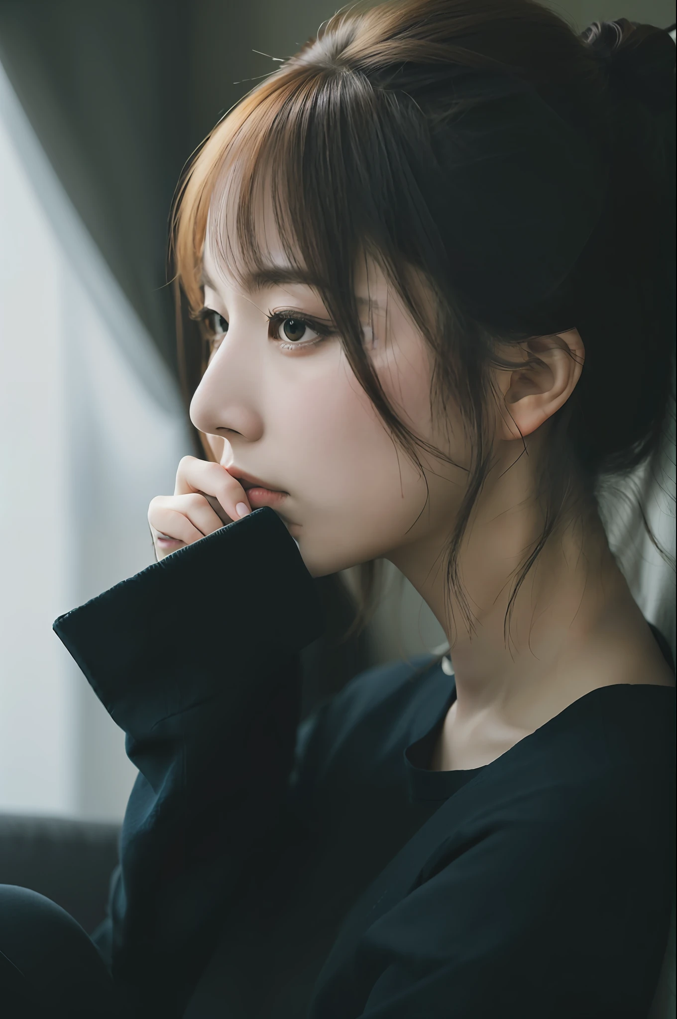 there is a woman sitting on a couch with her hand on her chin, profile of anime girl, chiho, side profile portrait, girl cute-fine-face, elegant japanese woman, a young asian woman, 奈良美智, elegant profile pose, a woman's profile, beautiful japanese girls face, beautiful young korean woman, korean girl