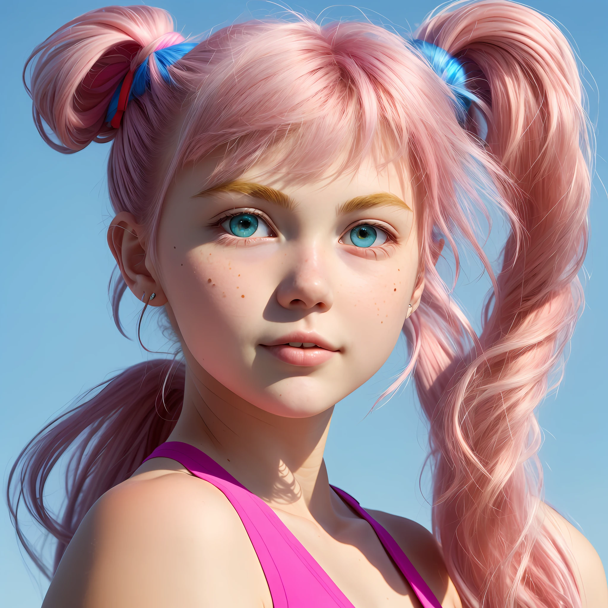 Best quality, 4k quality, 1girl, super high detail, bust photo, hair left pink right blue, more realistic, a mole in the right eye, pink on the left eye, blue in the right eye, two-dimensional, double ponytail, round face, double eyelids, beautiful eyes, cute, 17 years old, yellow suspenders, conservative, fluffy hair, posture
