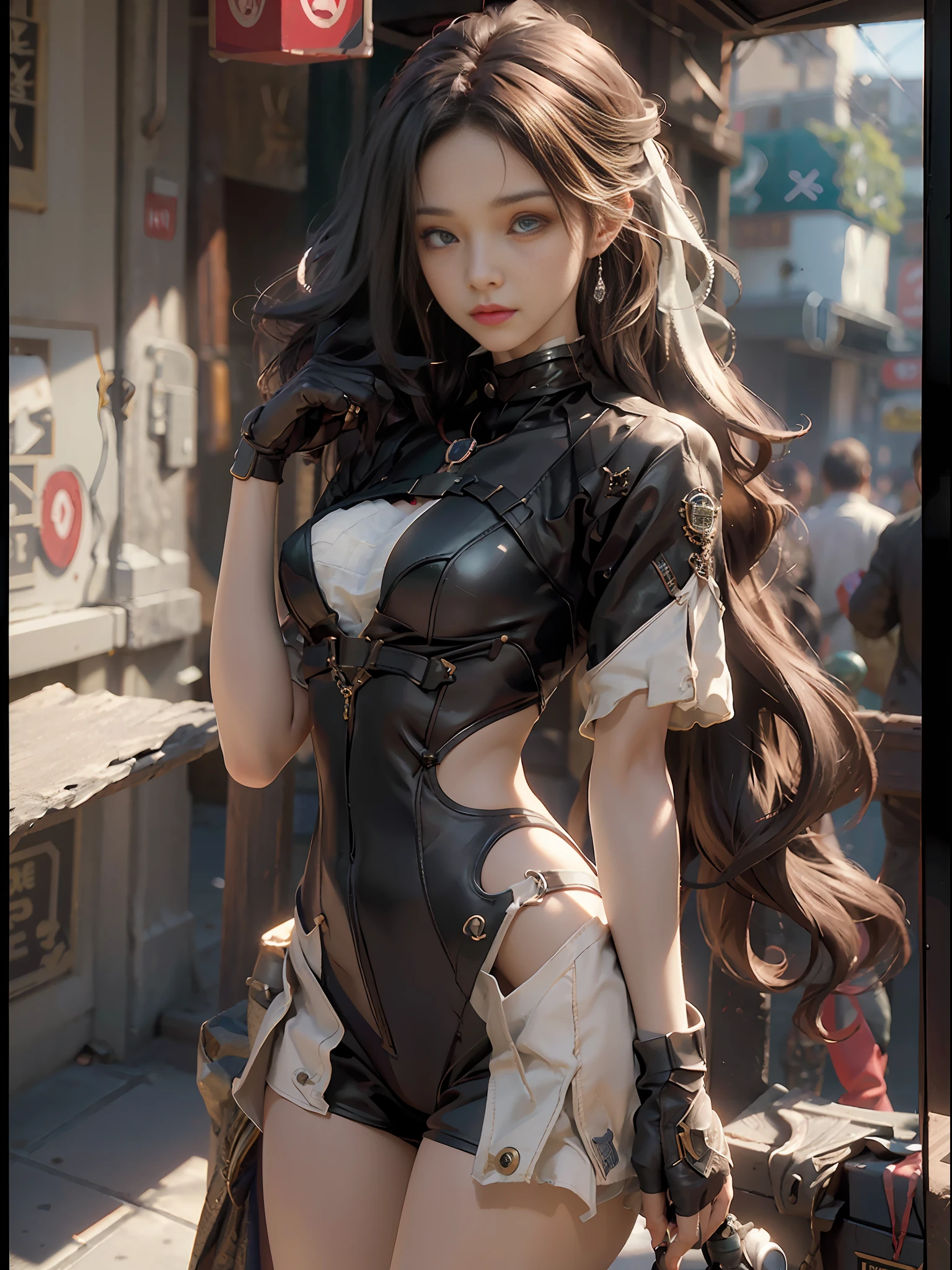 ((Best Quality)), ((Masterpiece)), (Details: 1.4), 3D, Bust, ((Square)), A Beautiful Cyberpunk Female Image Facing Squarely, ((Small Breasts, Small Heads)), (Bust Photo), (Perfect Body: 1.1), (Perfect Face), (Heterochromia), (Perfect Eyes), (Perfect Fingers), (Long Straight Hair: 1.2), Golden Hair, Collar, Chain, Bust Photo, , Facing the Audience, (Standing), Gloves, (Extremely detailed CG 8k wallpaper), (Extremely Refined and Beautiful), (Masterpiece), (Best Quality: 1.0), (Ultra High Resolution: 1.0), Beautiful Lighting, Realistic Shadows, [High Resolution], Detailed Skins, Ultra Detail, HDR (High Dynamic Range), Ray Tracing, NVIDIA RTX, Super-Resolution, Unreal 5, Subsurface Scattering, PBR Textures, Post-processing, Anisotropic Filtering, Depth of Field, Maximum Sharpness and Clarity, Multi-layered Textures, Albedo and specular mapping, surface shading, accurate simulation of light-material interactions, perfect proportions, Octane Render, two-color light, large aperture, low ISO, white balance, rule of thirds, 8K RAW,