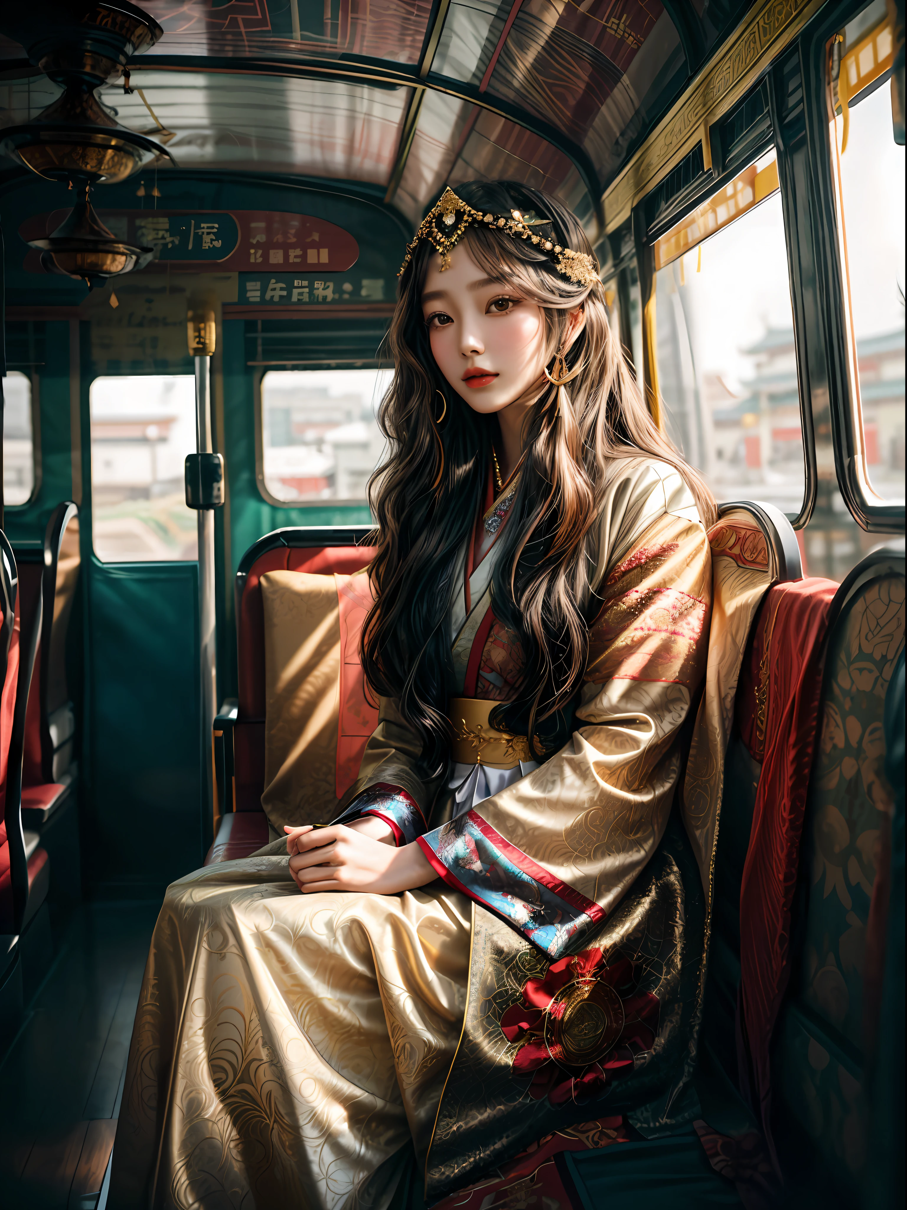 araffe woman sitting on a bus with a headpiece on, beautiful oriental woman, beautiful asian woman sitting, portrait shot, a young asian woman, asian girl with long hair, asian woman, young asian woman, young asian girl, beautiful young asian woman, chinese girl, beautiful asian woman, palace , a girl in hanfu, infp young woman, bohemian fashion