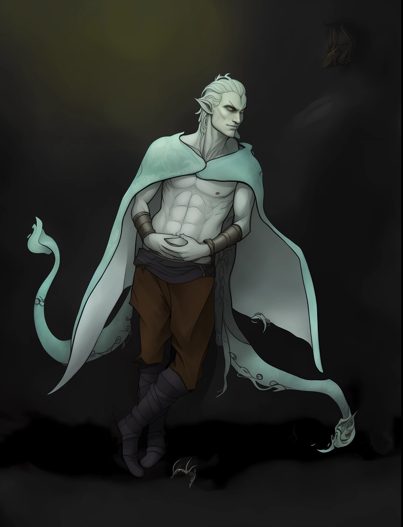 arafed man with a cape and a snake in his hand, skinny male fantasy alchemist, male djinn man demon hybrid, djinn man male demon, djinn human hybrid, silvery skinned male elf, male necromancer, male medusa, male drow, eldritch god, young male anthro dragon, beautiful male drow