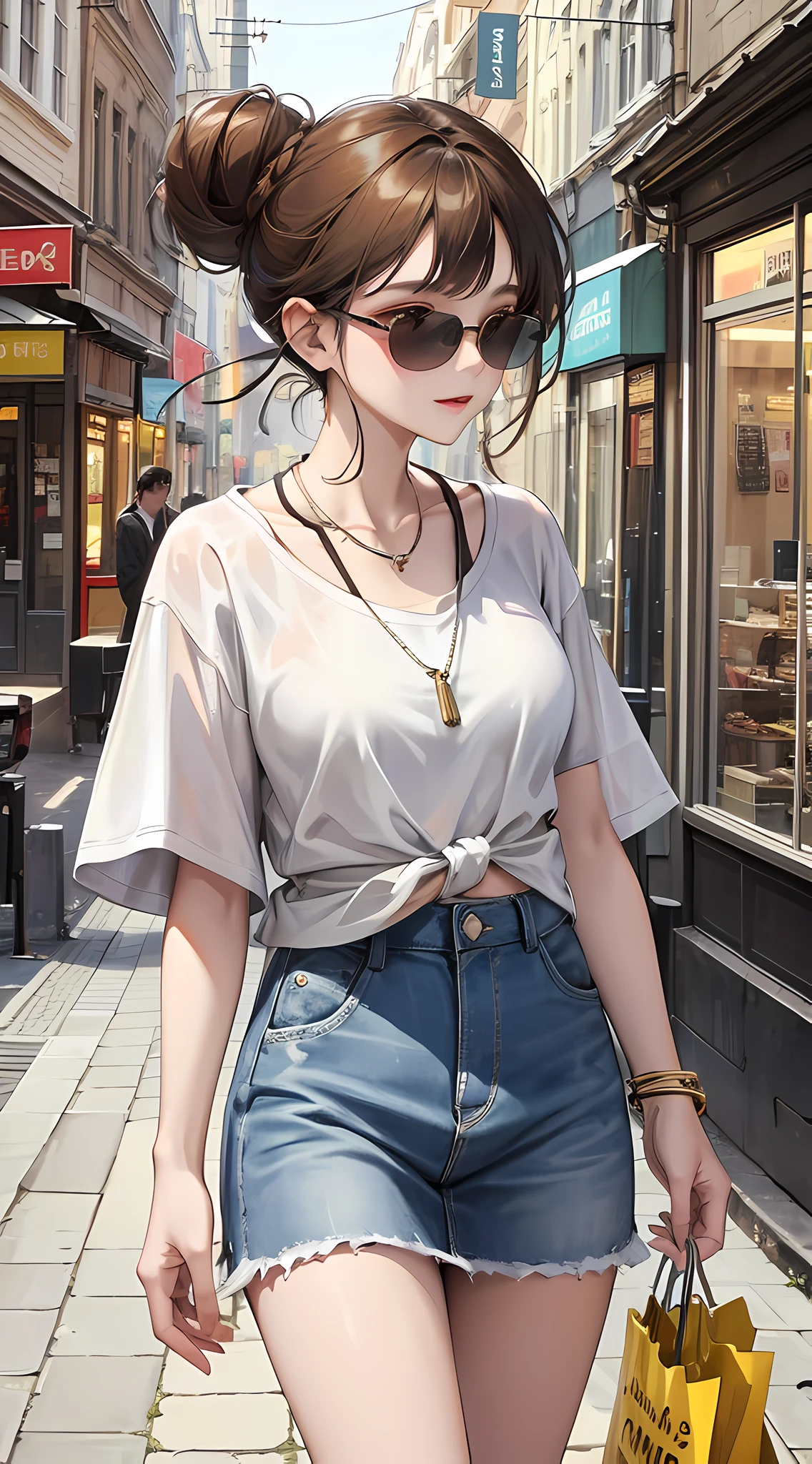 Highly detailed, high quality, masterpiece, 1 woman, walking down the street, shopping bag in both hands, happy expression, brown hair, tied into a messy bun, (casual wear: 1.1), white t-shirt, short skirt, high heels, light makeup, (silver necklace: 1.2), sunglasses on the head, holding flowers, people and storefront in the background, outdoors, sunny day.
