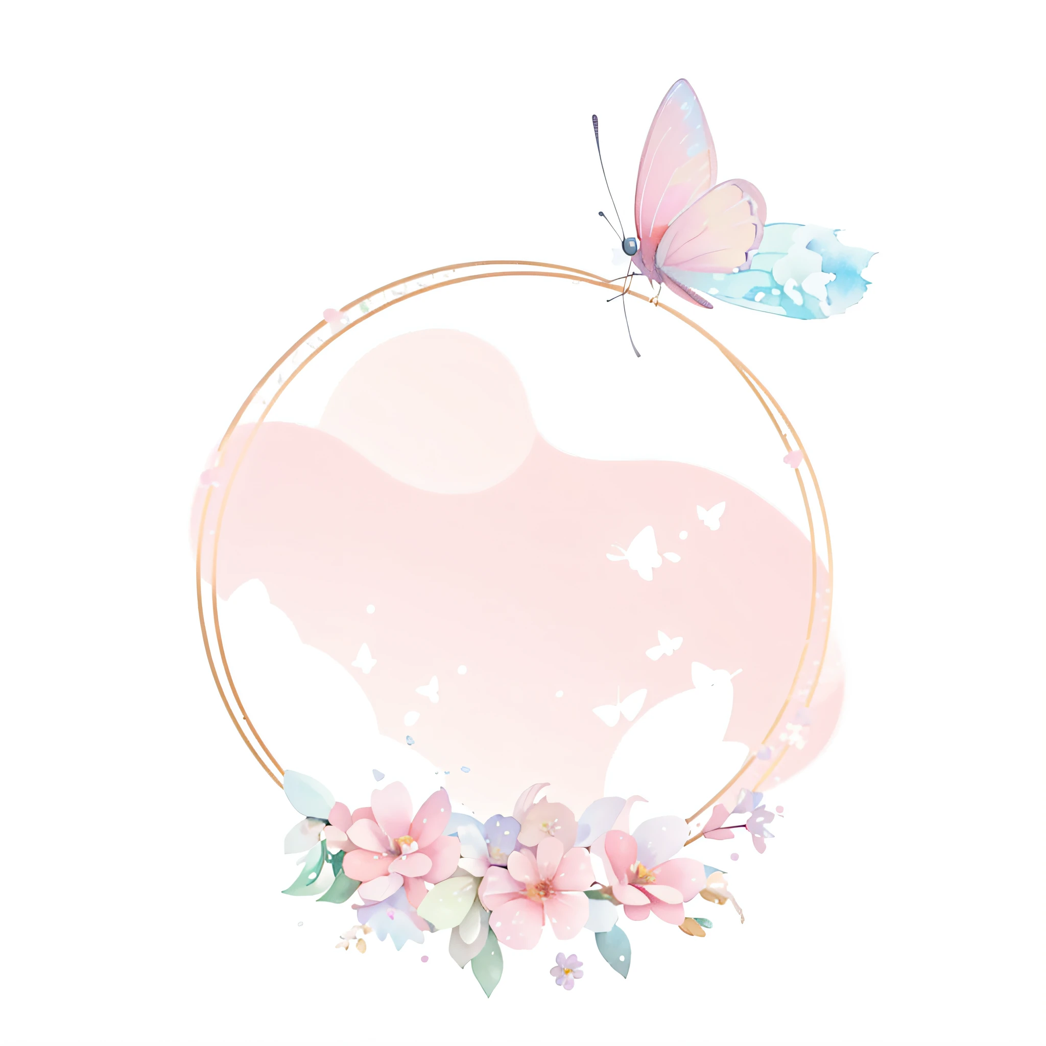 there is a watercolor painting of a butterfly and flowers, without text, flowers and butterflies, butterfly, aesthetic cute with flutter, flower frame, pastel colors only, pritty, circle, watercolor illustration style, a round minimalist behind, pastel color theme, round background, butterflies, high quality portrait, white bg, spring theme, pink petals fly, pink flower