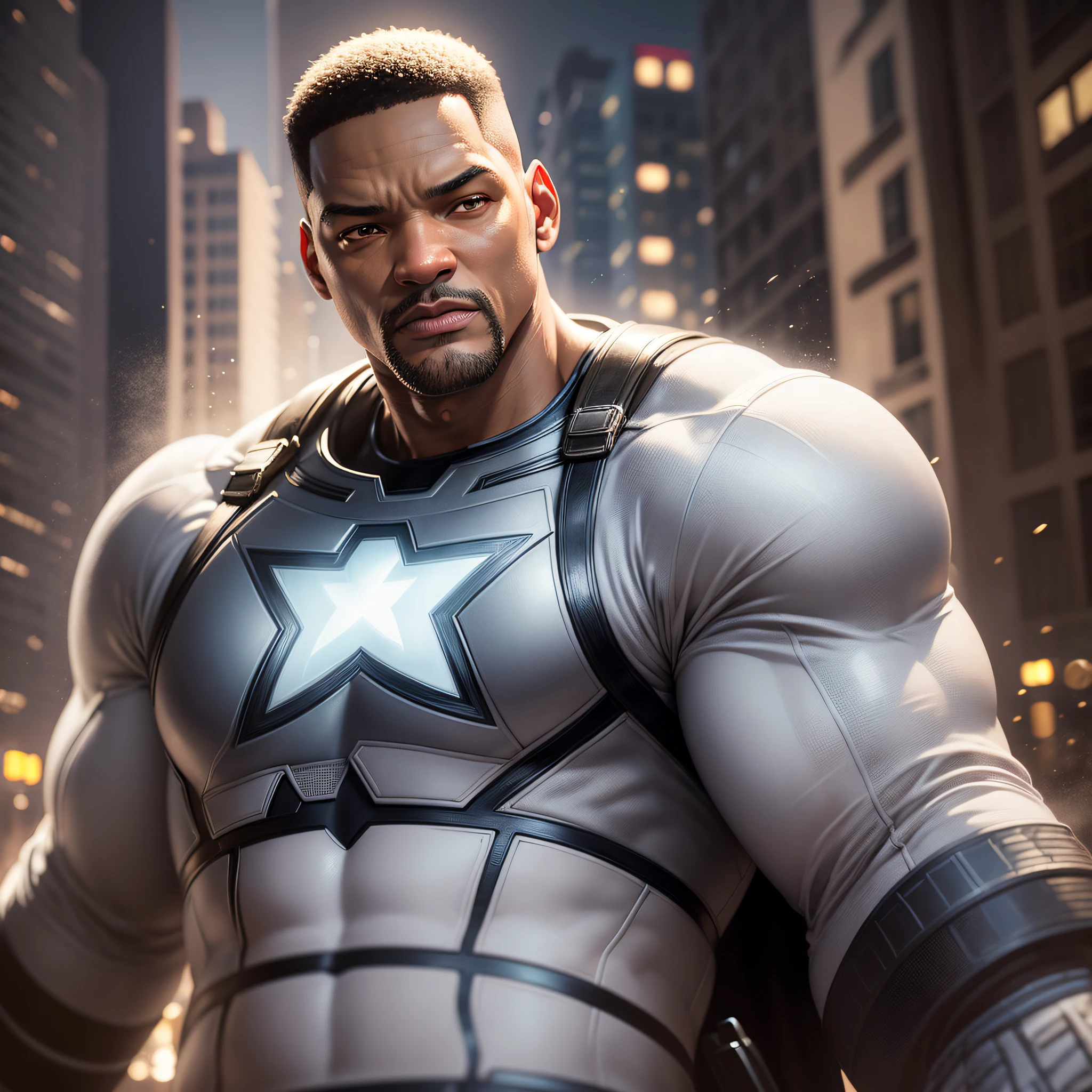 a huge white bear, Tarantino Will Smith style as Captain America 8k, high definition, detailed face, detailed face, detailed eyes, detailed suit, Marvel and DC style, hyper-realistic, + cinematic shot + dynamic composition, incredibly detailed, sharpness, detail + superb details + night with light + perfectionism + award-winning realism ((soft lighting)) --auto --s2