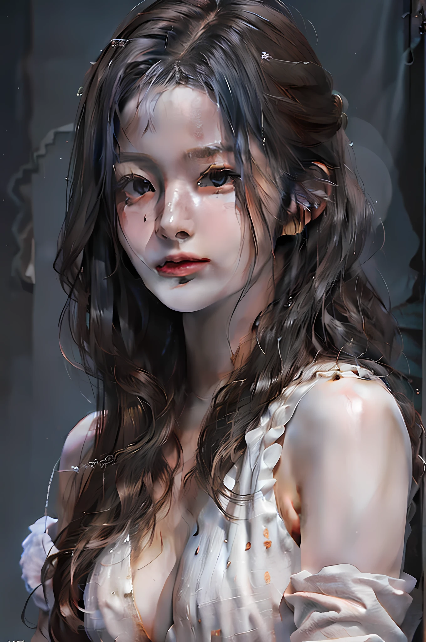 (RAW photo, best quality), ((Nostalgia,1980s syle)),(A girl with a literary atmosphere:1.2),(realistic, photo-realistic:1.3), extremely delicate and beautiful, Amazing, finely detail, masterpiece, ultra-detailed, highres,best illustration, best shadow,intricate,depth of field,(closeup portrait of a young beautiful woman:1.2),long hair,messy hair,((((low key,dark scene,dimly lit)))),(((soft lighting:1.4))),(pale skin:1.4),(shy smile),(cinematic angle),sharp focus, volumetric fog, 8k UHD, DSLR, high quality,( film grain:1.4), Fujifilm XT3,(looking at viewer), pale skin