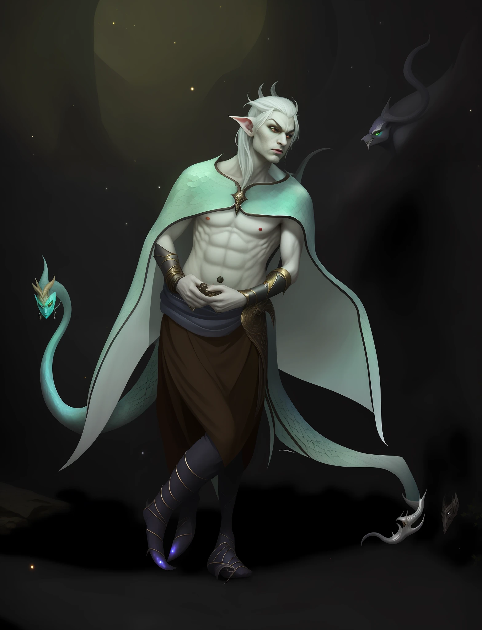 a close up of a person with a cape on and a snake, silvery skinned male elf, skinny male fantasy alchemist, fit male demon with white horns, djinn man male demon, a male elf, elven male, inspired in kris from deltarrune, male drow, beautiful male elf, male djinn man demon hybrid, beautiful male drow