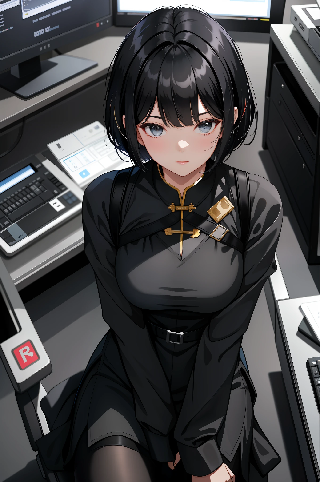short hair,Black hair,Bangs cover your eyes,The Office Girl,black silk stockings,sitting in an office chair,Computer, spaceship,from above, Chinese dress, black hair, black Chinese dress, facing viewer, looking away from viewer, big breasts, unrevealing clothes,