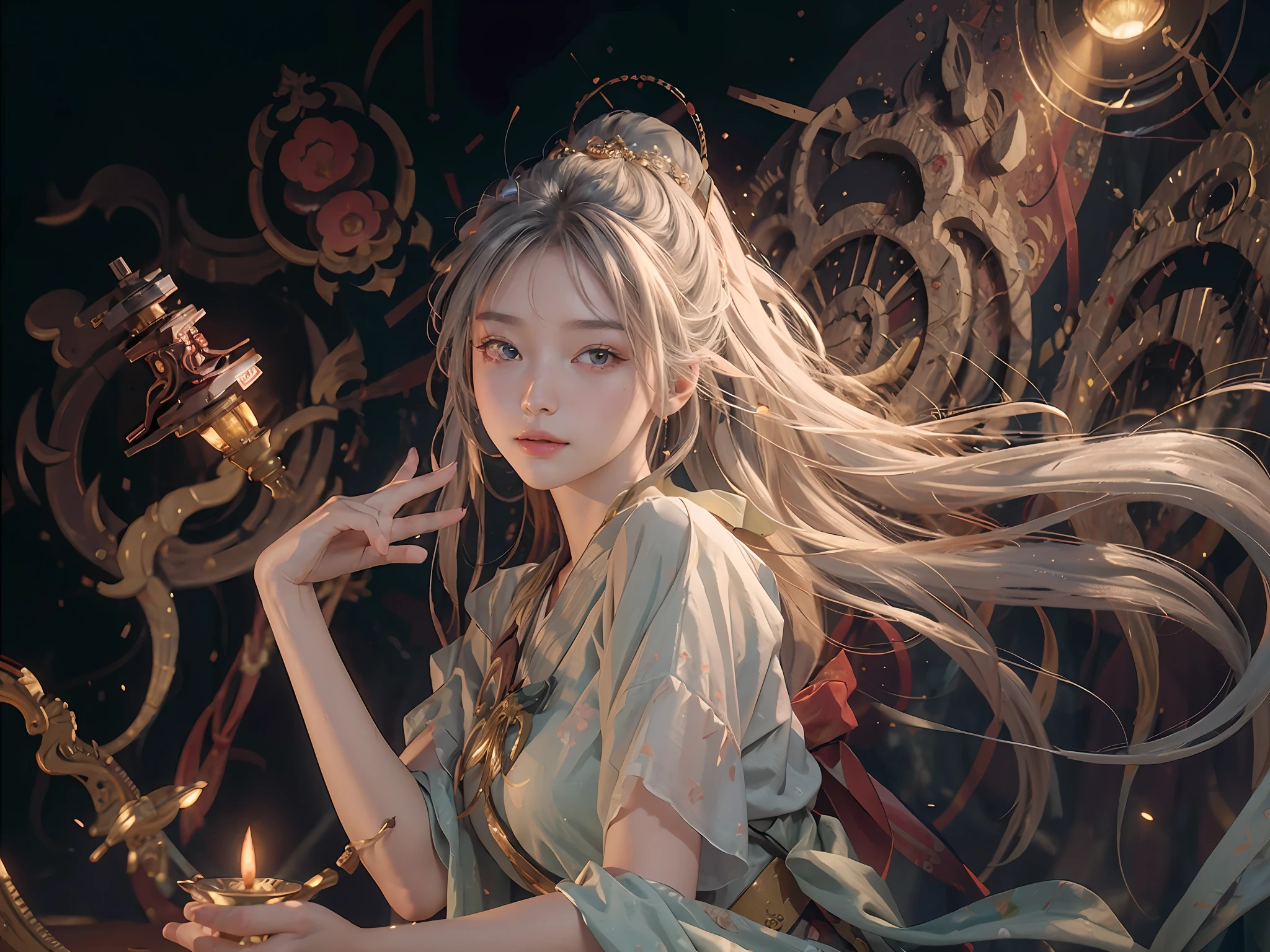 (RAW Photo, Best Quality), (Realistic, Photorealistic Real: 1.3), Best Quality, Highly Detailed, Masterpiece, Ultra Detailed, Illustration, 1 Girl, upper_body, Dynamic Angle, World Mastery Theater, messy_long_hair, Best Quality, Extremely Detailed CG Uniform 8k Wallpaper, Ink, Amazing, Sexy, Peach Blossom Eyes, Gray Hair, Smile, Movie Lights, lens_flare, dunhuang_style