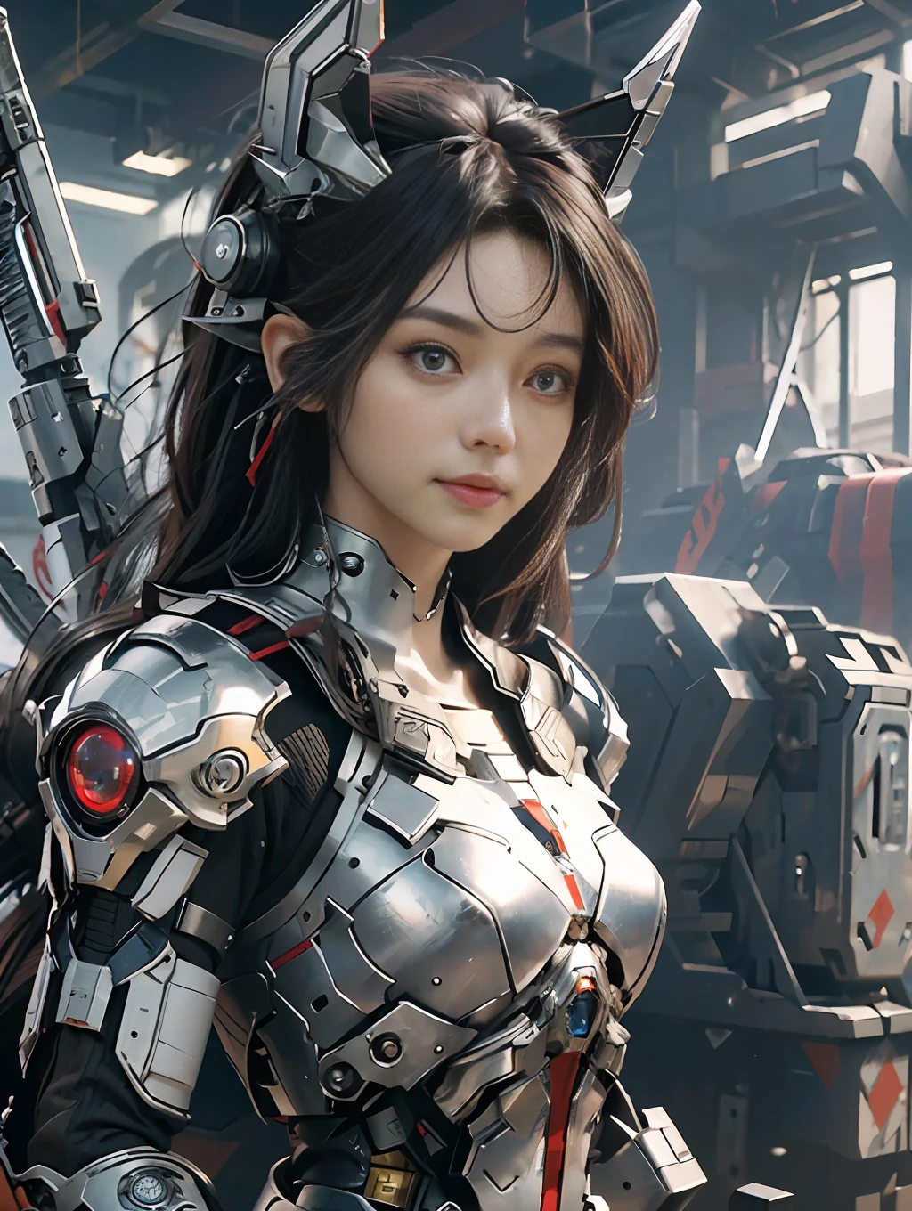 Masterpiece, (Best Quality), Highly Detailed, Ultra Detailed, 1 Girl, (Mechanical Wings: Red, Glowing Eyes: Blue, Silver Armor: 1.2, Elongated Ears: 0.8), (Cyberpunk: 1.5, Weapon: Energy Blade), (Fantasy Landscape: 1.2, Natural Daylight: 1.5, Confident Expression), (Panorama: 1.2), Mecha, Smile, Angle, Angel, Wings,