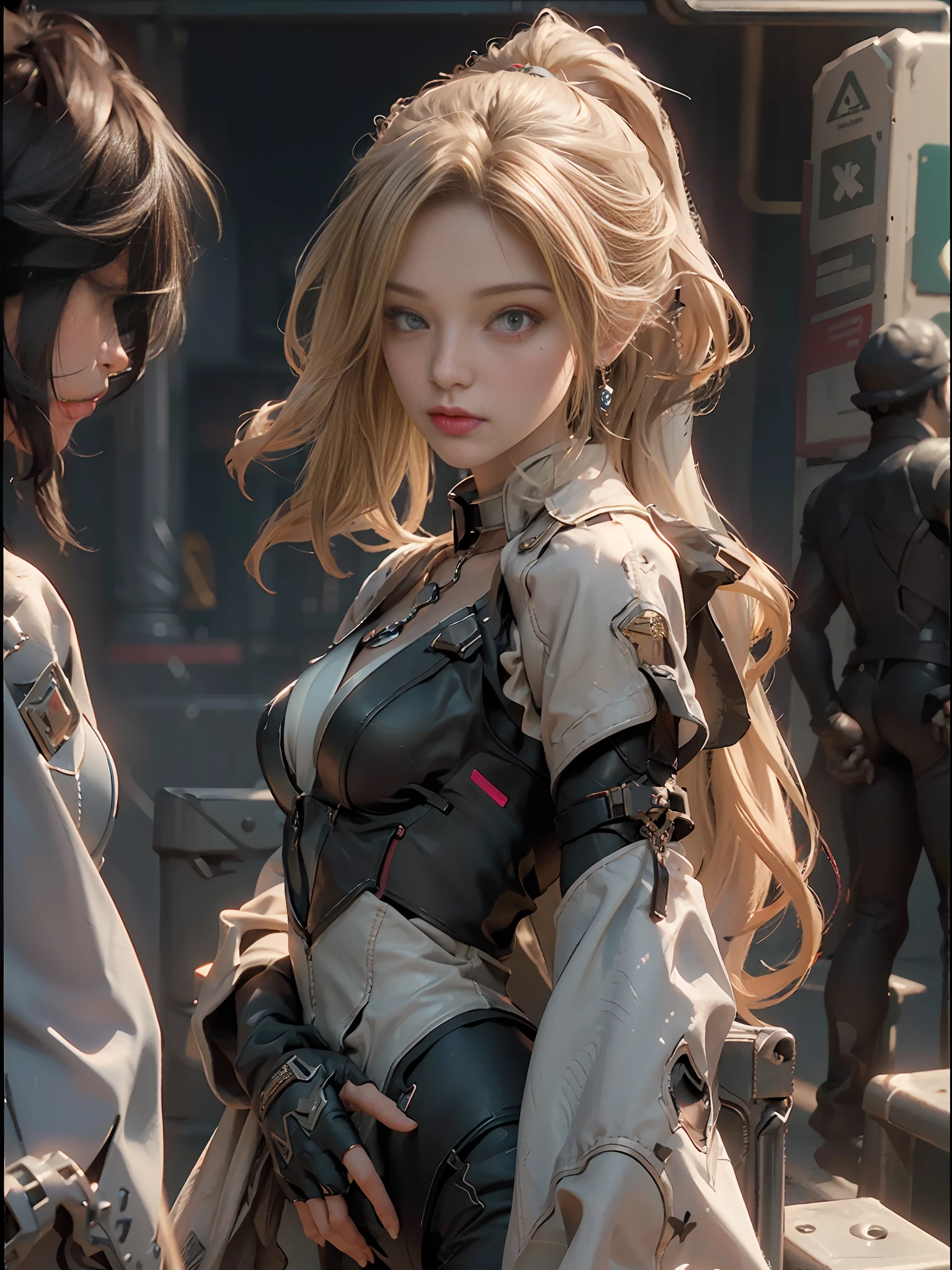 ((Best Quality)), ((Masterpiece)), (Details: 1.4), 3D, Bust, ((Facing Square)), (Body Facing Viewer), A Beautiful Cyberpunk Female Image Facing Squarely, ((Small Breast, Small Head)), (Bust Photo), (Perfect Body: 1.1), (Perfect Face), (Perfect Eyes), (Perfect Fingers), (Long Straight Hair: 1.2), Blonde Hair, Collar, Chain, Bust Photo, , Facing the Audience, (Standing), Gloves, (Extremely Detailed CG 8k Wallpaper), (Extremely Refined and Beautiful), (Masterpiece), (Best Quality: 1.0), (Ultra High Resolution: 1.0), Beautiful Lighting, Realistic Shadows, [High Resolution], Detailed Skins, Ultra Detail, HDR (High Dynamic Range), Ray Tracing, NVIDIA RTX, Super-Resolution, Unreal 5, Subsurface Scattering, PBR Textures, Post-processing, Anisotropic Filtering, Depth of Field, Maximum Sharpness and Clarity, Multi-layered Textures, Albedo and specular mapping, surface shading, accurate simulation of light-material interactions, perfect proportions, Octane Render, two-color light, large aperture, low ISO, white balance, rule of thirds, 8K RAW,