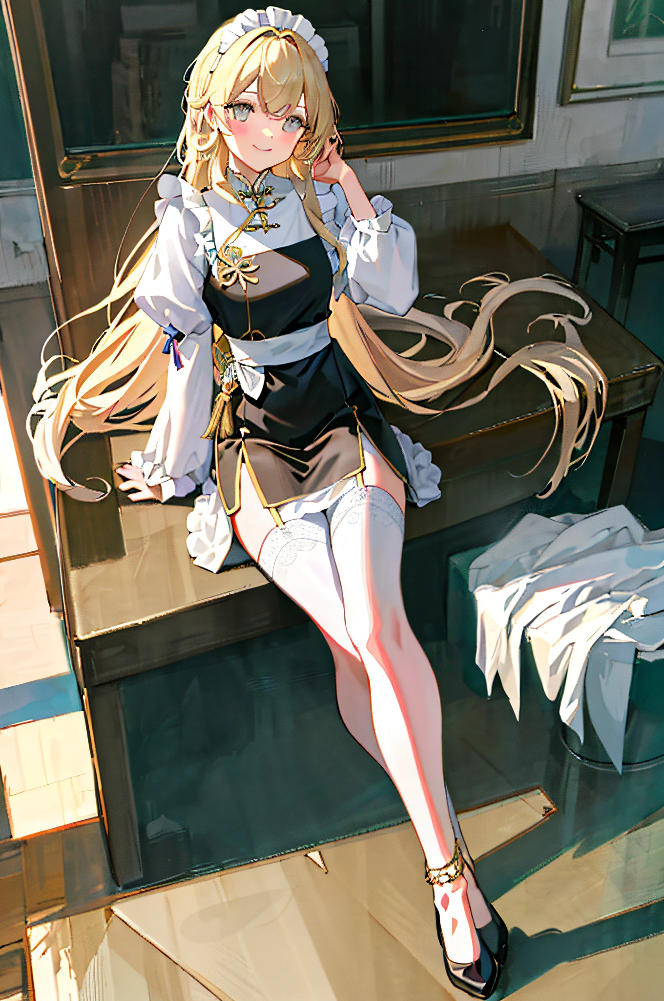 maid, slender waist, mature woman, neat figure, slender waist, goddess, metal wings, animalized, curly_hair, very_long_hair, tongue, (blonde), (dynamic hair), gradient hair, oil painting (medium), colored pencil (medium), {realistic}, {realistic}, {realistic}, {sketch}, {oil painting}, delicate reflections and high glass guardrails, flowers and meadows, dynamic angle, backlight, cinematic angle, lens 135mm, f1.8, straightforward, portrait, close-up, full body, out of frame, {best quality}, {{masterpiece}}, {high resolution}, original, extremely detailed 8K wallpaper, 1girl, {an extremely delicate and beautiful},, ray tracing, incredibly_absurdres, ray tracing, {best quality}, {{masterpiece}}, {high resolution}, original, extremely detailed 8K wallpaper, {extremely refined and beautiful},,incredibly_ absurdres, colorful, intricate details, art book, {best quality}, {{masterpiece}}, {high resolution}, original, very detailed 8K wallpaper, {an extremely delicate and beautiful},, detail fingers, open fingers, hands in their own hair, knees up, (anklet), ring eyes, beautiful detail eyes, eyeliner, round eyes, (smile), blush, smug, (necklace), garter belt, glowing light, beautiful details sky, masterpiece, movie lighting, depth of field , beautiful details water, ocean, chinese style building, no people, detailed background, mountains, glowing light, movie lighting, white background, green clothes