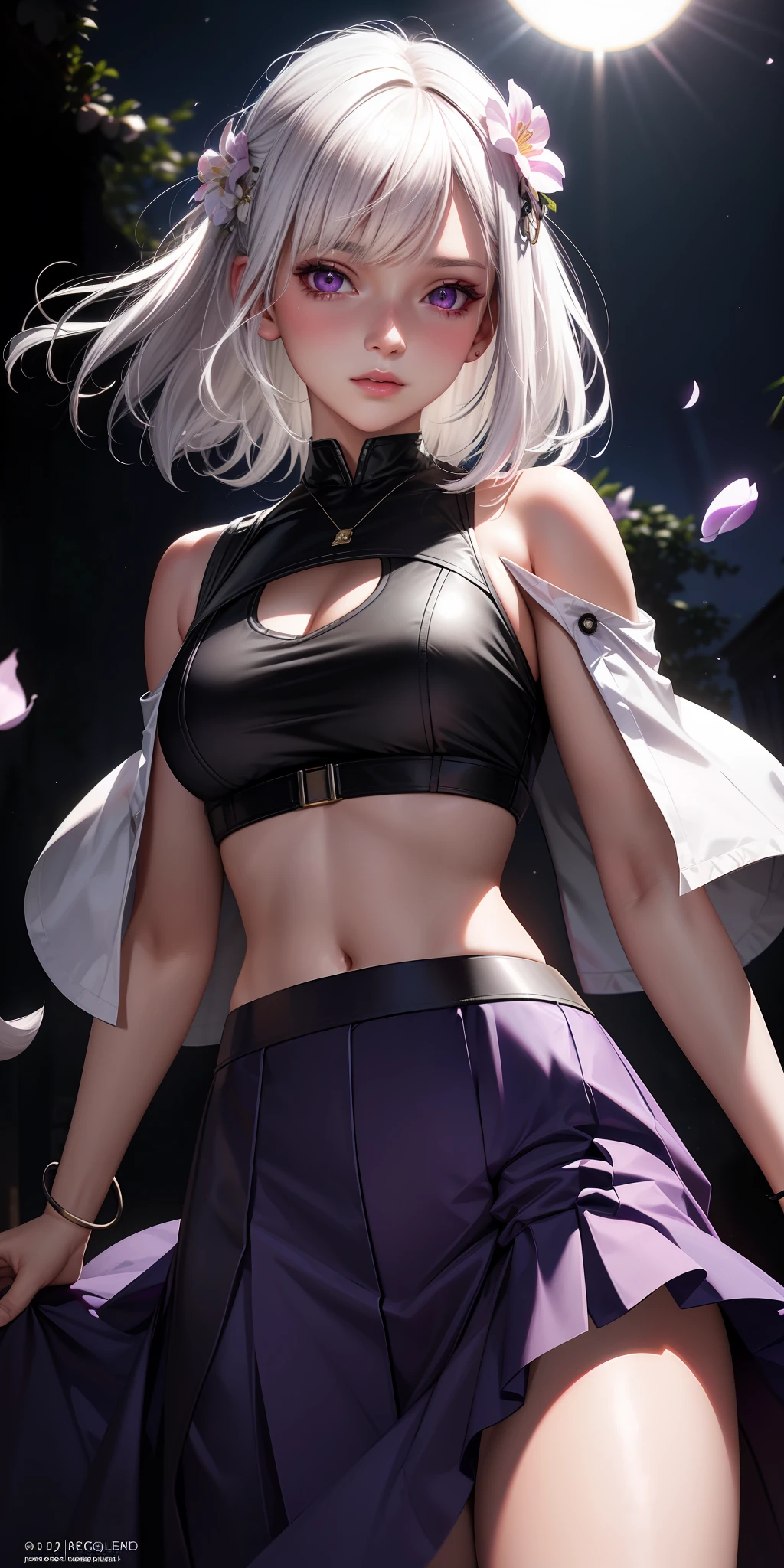 realistic, 1girl, white hair, purple eyes, glowing eyes, crop top, skirt, parted lips, blush, night, flowers, sun, sunlight,