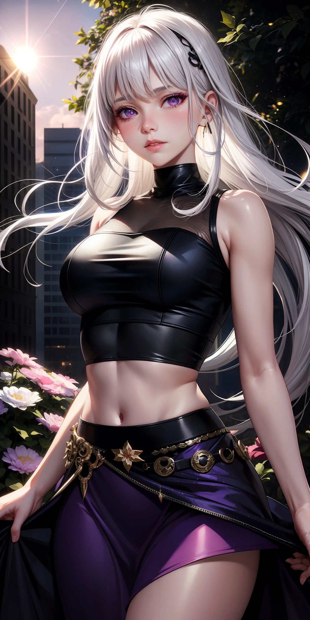 realistic, 1girl, white hair, purple eyes, glowing eyes, crop top, skirt, parted lips, blush, night, flowers, sun, sunlight,