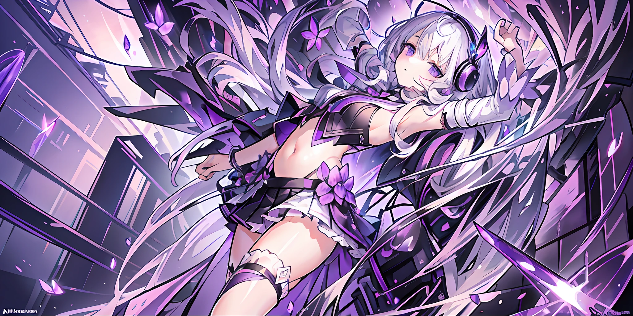{{{Masterpiece}}}, {extremely detailed CG Unity 8k wallpaper}, white hair, white purple eyes, black clothes, skull hands, long hair, dead white skin tone, world of light and darkness, broken glass, tactical vest, headphones, cute face, solo, face, short hair, skeleton arm, solo, illustration, purple butterfly flying in the air, ruins, fantasy, broken glass, navel, left eye covered by purple flowers, erotic costume, lolie, pleated skirt, Purple theme, hydrangea, amethyst