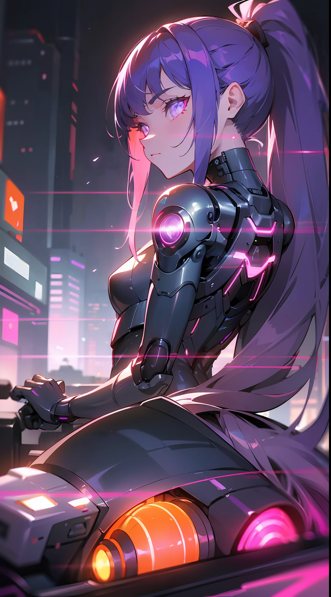 (Masterpiece) (Cyberpunk theme) (dynamic view) Beautiful on top of a futuristic bike, serene expression, glowing eyes, violet eyes, long hair, ponytail, in a mechanical, back and orange cyber armor, bright circuits, depth of field, ground reflecting, people around watching, vibrant and contrasting colors