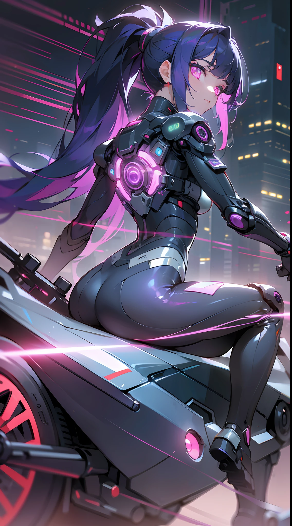 (Masterpiece) (Cyberpunk theme) (dynamic view) Beautiful on top of a futuristic bike, serene expression, glowing eyes, violet eyes, long hair, ponytail, in a mechanical, back and orange cyber armor, bright circuits, depth of field, ground reflecting, people around watching, vibrant and contrasting colors