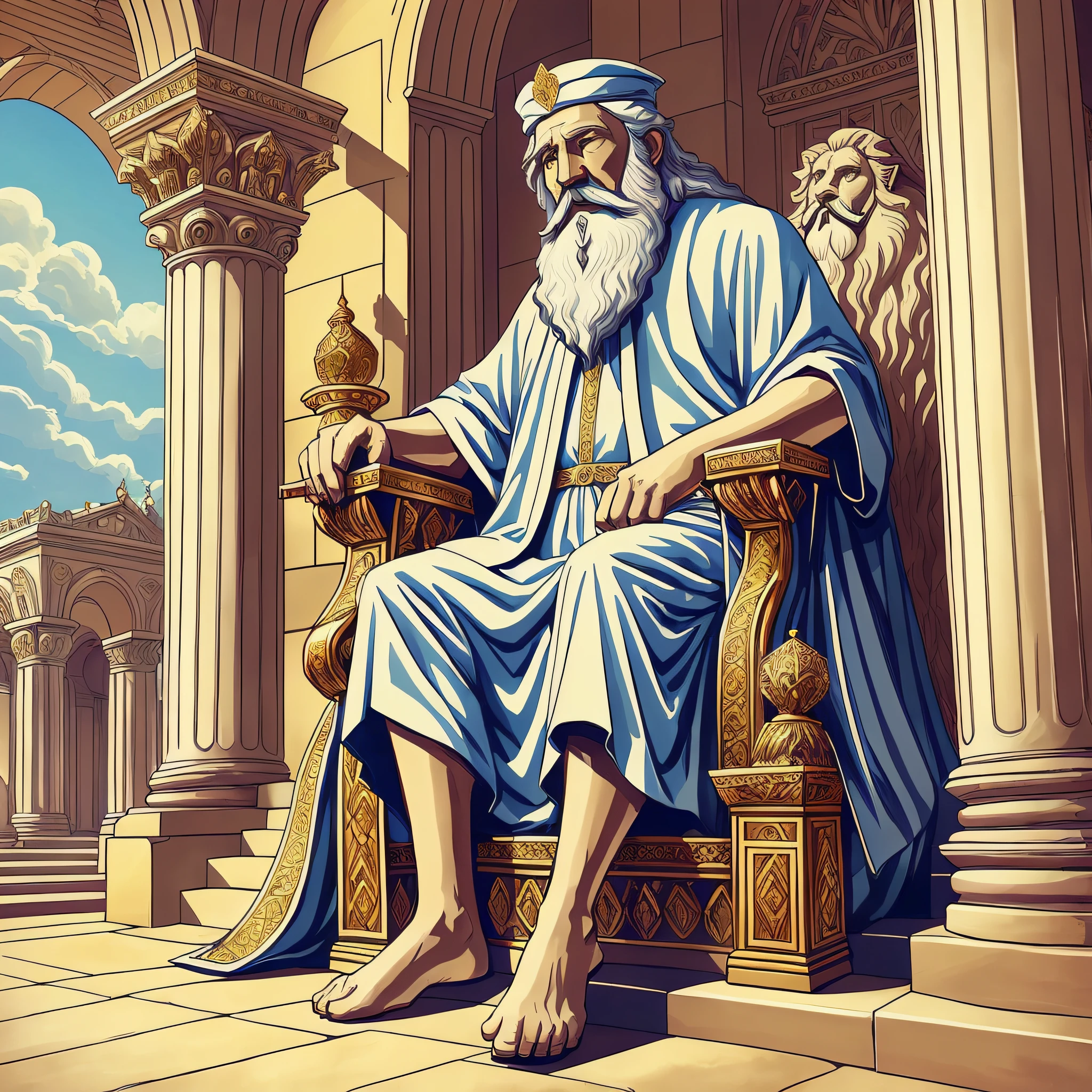 King Solomon, slight smile, elderly, white beard, sitting on a throne with lion statues on the throne steps, royal palace scenery ((((art comics style))) --auto --s2