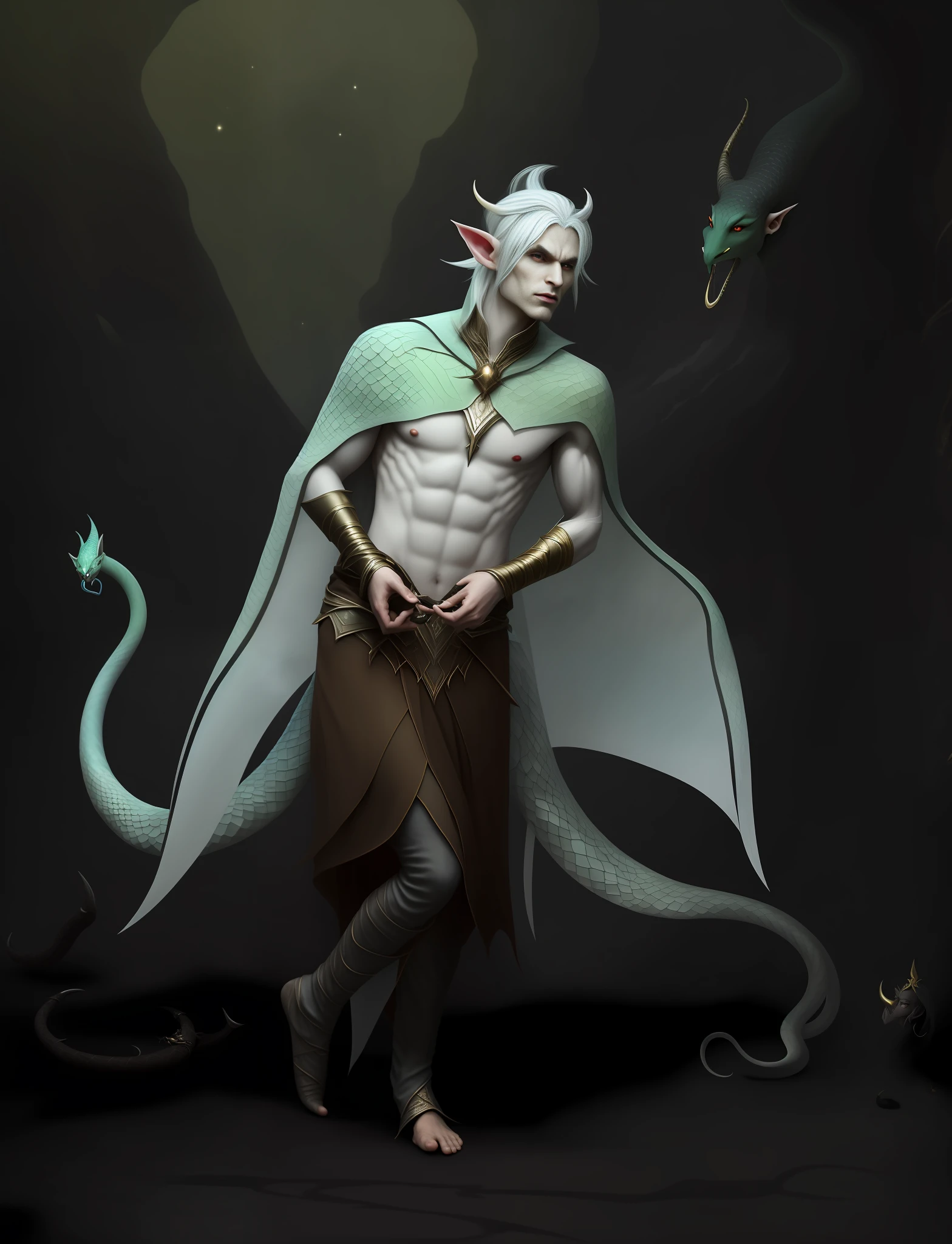 a close up of a person with a cape on and a snake, silvery skinned male elf, skinny male fantasy alchemist, fit male demon with white horns, djinn man male demon, a male elf, elven male, inspired in kris from deltarrune, male drow, beautiful male elf, male djinn man demon hybrid, beautiful male drow