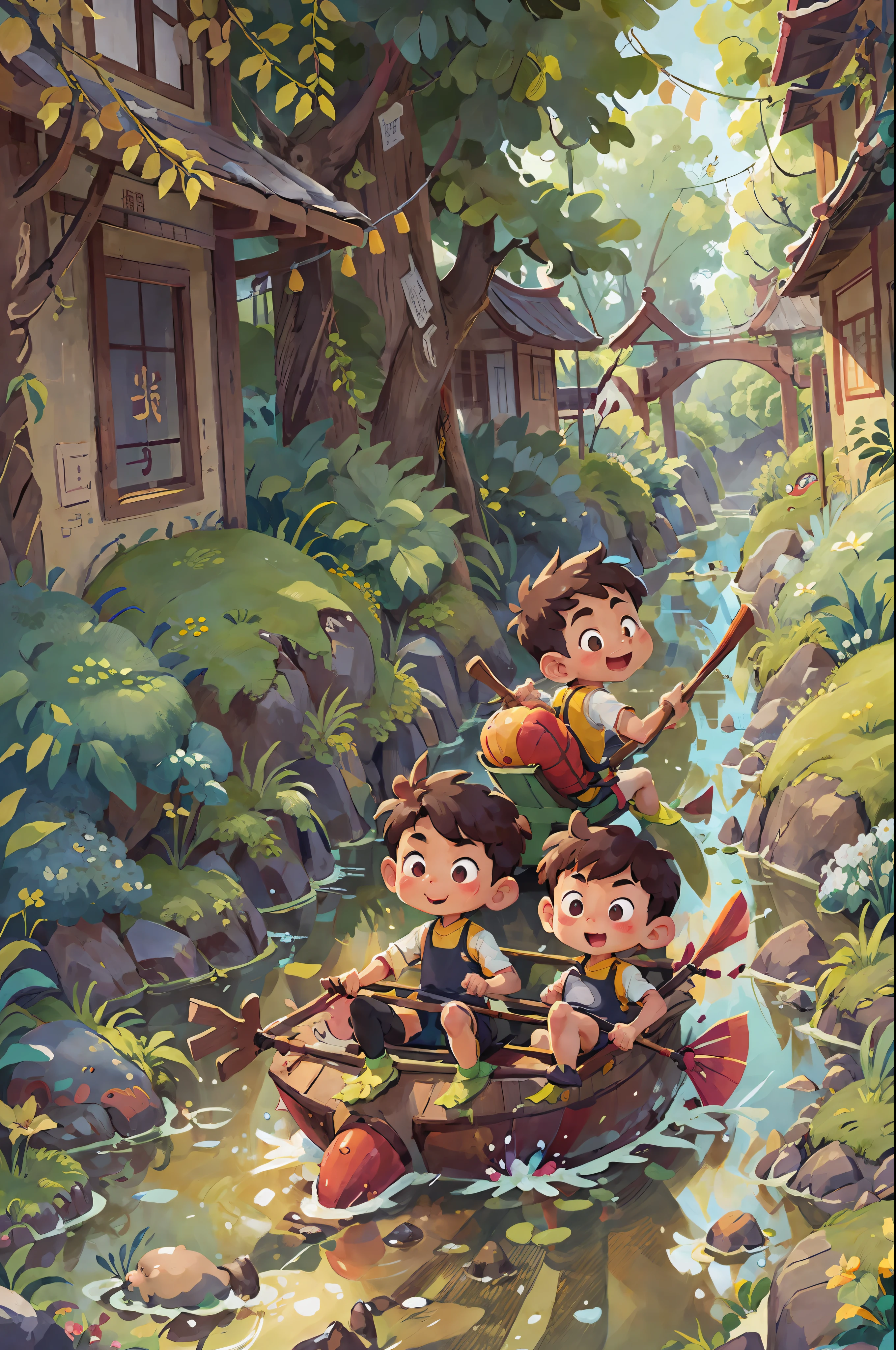 Poster design, (SFW), two rowing boys, Chinese dragon, spring outing, happy, background is a small river interspersed in Chinese street, perfect quality, clear focus, colorful, perfect face, intricate details, ultra-low viewing angle, wide angle lens