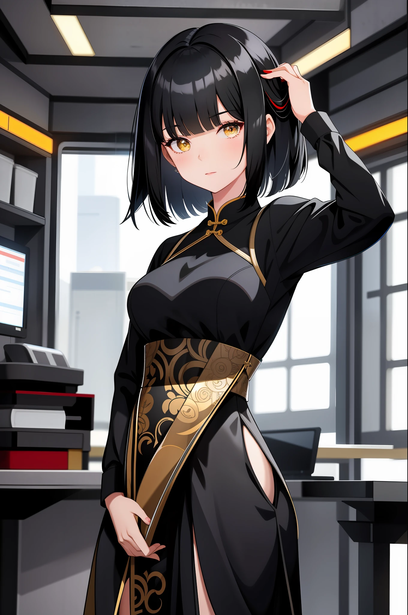 short hair,Black hair,Bangs cover your eyes,The Office Girl,black silk stockings, standing, spaceship,from front, Chinese dress, black hair, red Chinese dress, facing viewer, looking away from viewer, big breasts, unrevealing clothes, yellow eyes