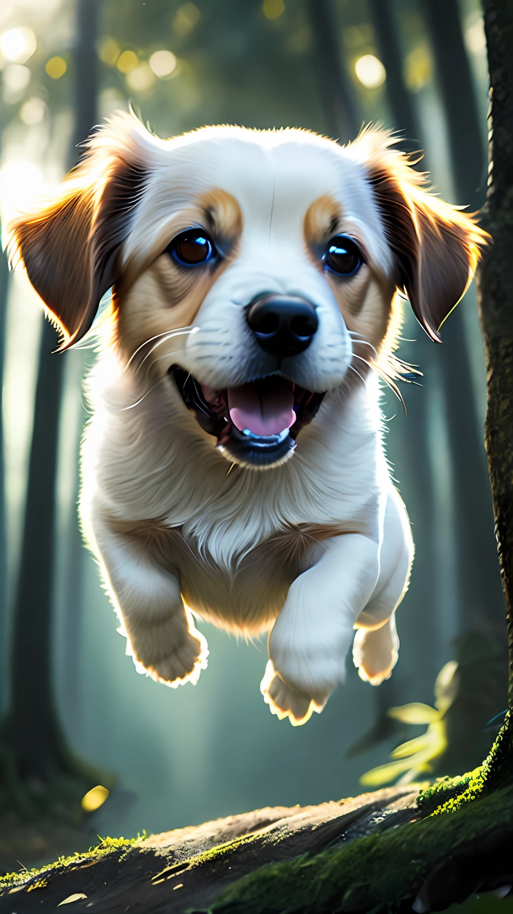 Close-up of a very cute jumping puppy in the forest, soft volumetric light, (backlight: 1.3), (movie: 1.2), intricate details, (ArtStation: 1.3), Rutkowski