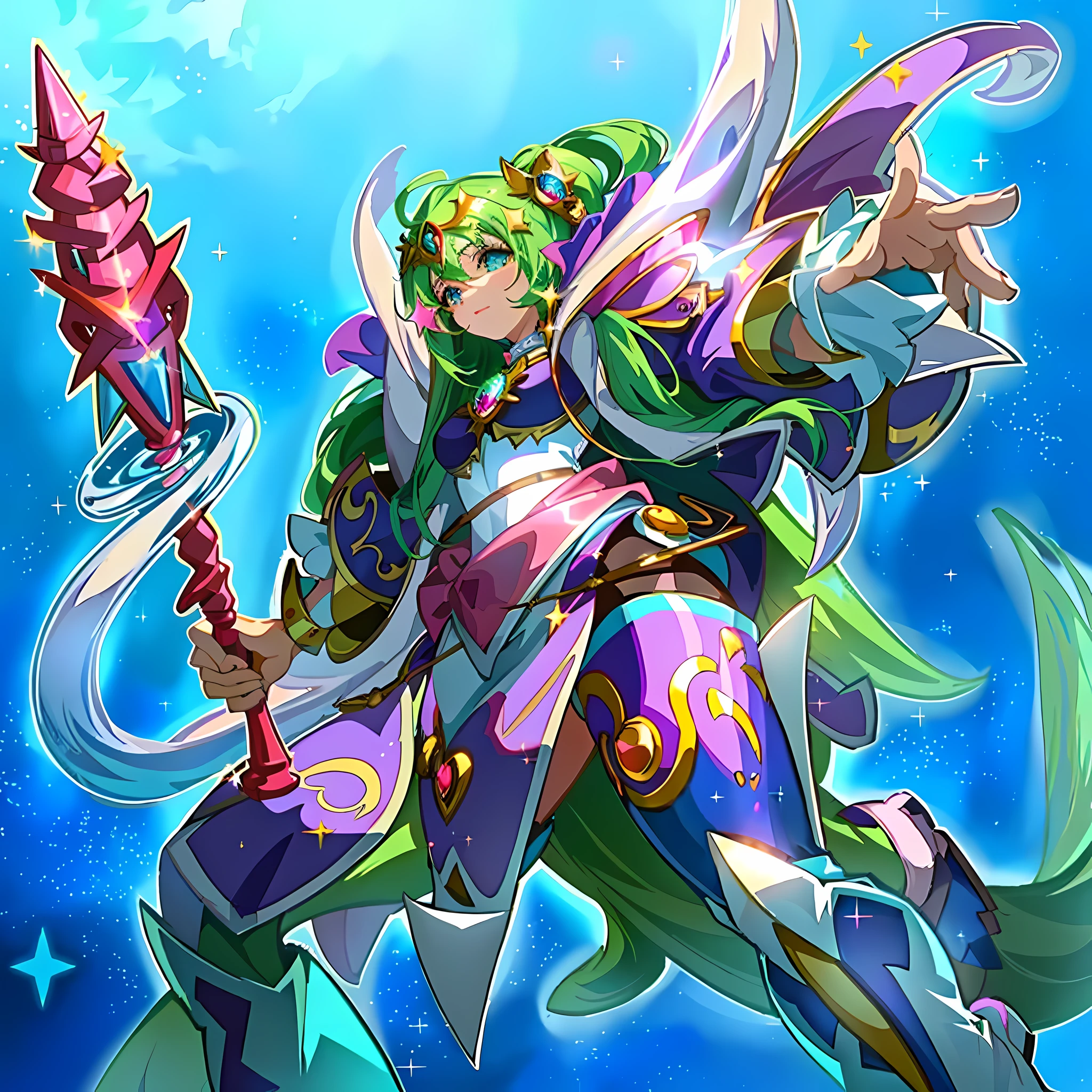 Green hair, (magical girl)), ((gorgeous starry sky background), ((super detailed)), (best illustration), ((movie lighting)), dynamic angle, floating, fine, (Glitter: 1.2), (Glow: 1.2), (Glow: 1.2), (Glow: 1.2), (Glow: 1.2), (Exquisite), (Illustration: 1.2), (Animation Style), (Solo), Pretty Detailed Emoji, (Cute Face: 1.3), (Big Eyes)), Color Hair, (Long Hair: 1.2), (Flowing Hair: 1.2), (Magical Girl Costume), Details, (Shiny Wand: 1.3), (Magic Effect: 1.3), (Flowing Dress: 1.2), (Cute Boots: 1.1), (Twinkle: 1.2), (Glow: 1.2), (Glow: 1.2) , (sparkle: 1.2), (sparkle: 1.2), (sparkle: 1.2), (shimmer: 1.2.)