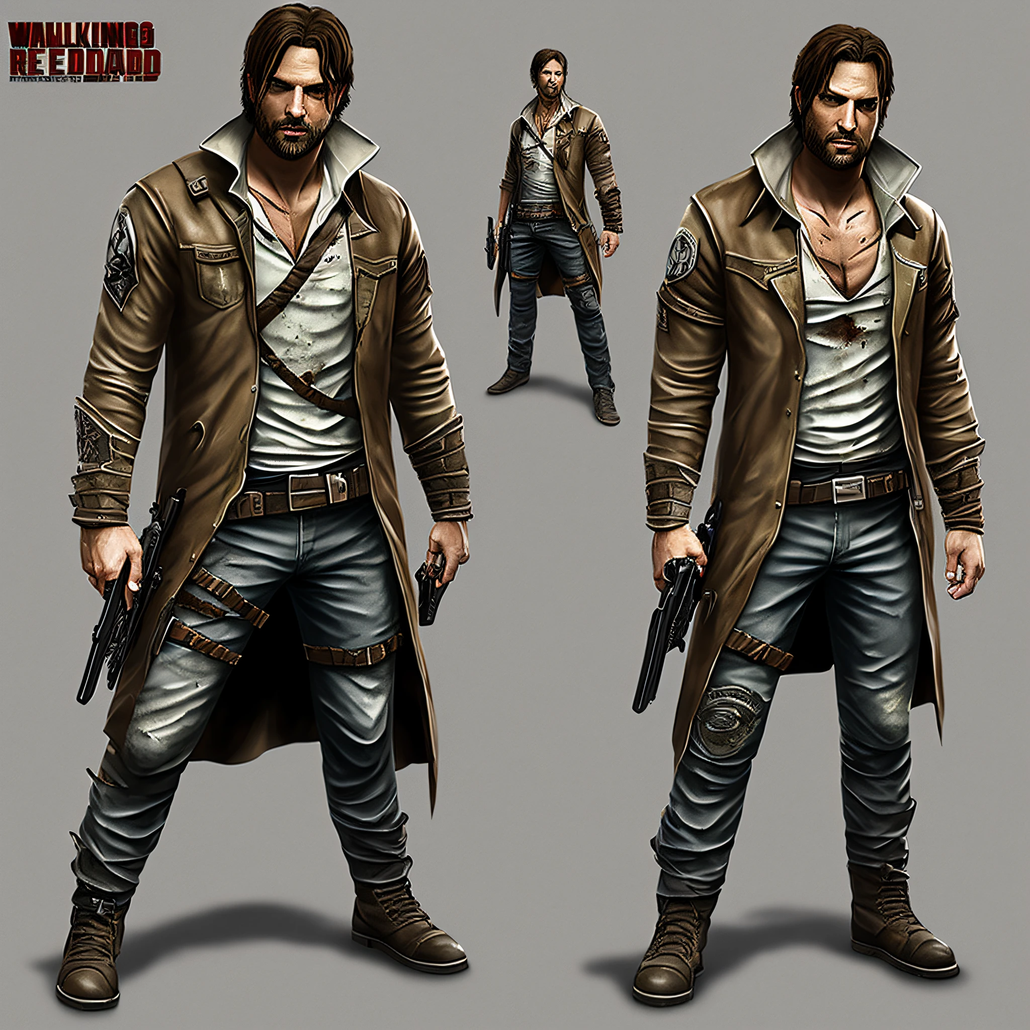 Character man, full body ((design sketches)), (masterpiece), extremely detailed, (original design), (random poses), (unique accessories), (current basic clothing), professionally retouched, white background, (male: 1.1) Brazilian, (jeans: 0.8), katana sword, (dirty: 1.1), (movement: 0.8), (young: 1.3), (sprint: 0.6) (survivor) (The Walking Dead concept) (Resident Evil concept) --auto --s2