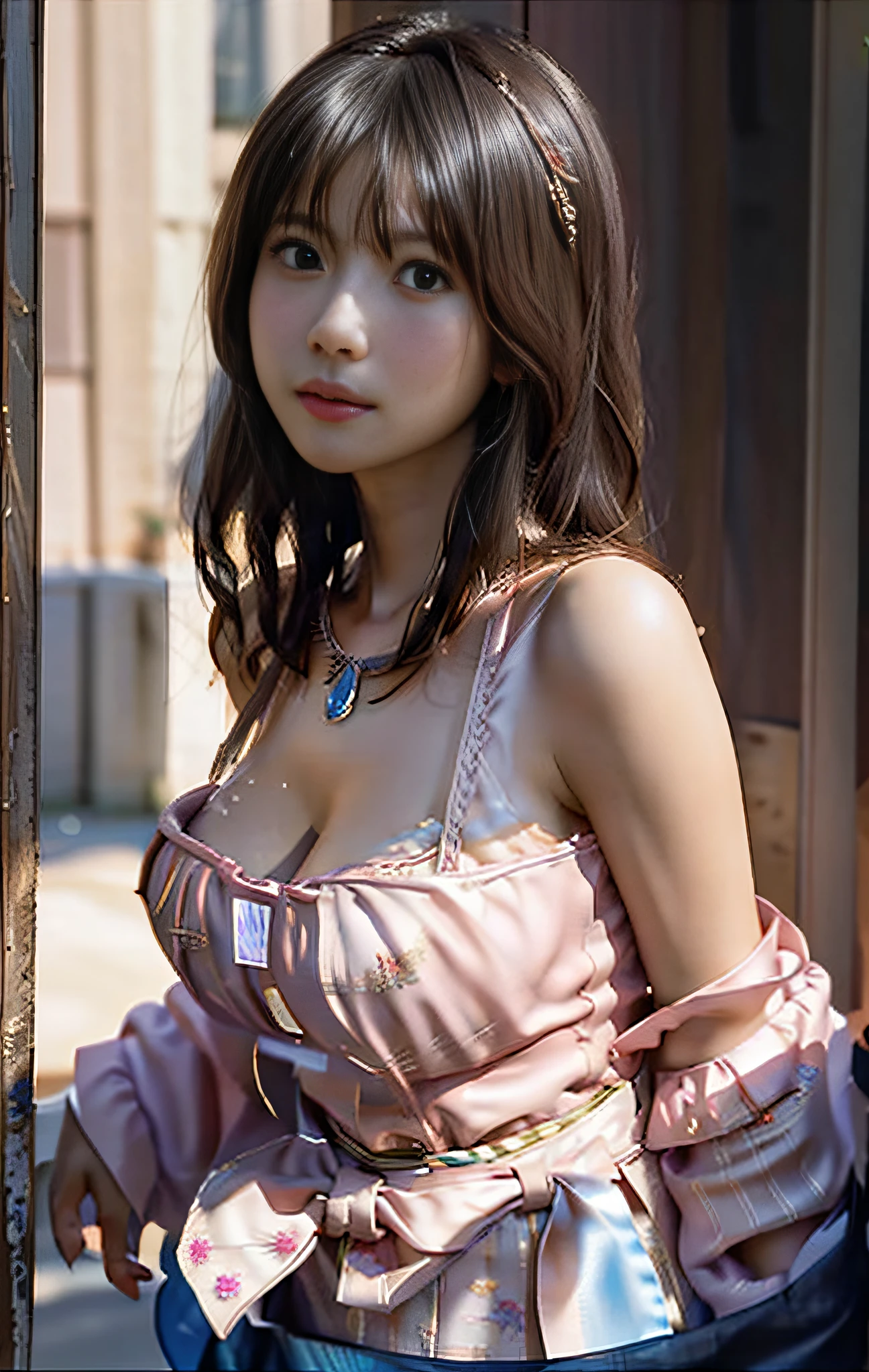 best quality, masterpiece, highres, 1girl,(light pink sexy China dress with open chest), hair ornament, necklace, jewelry, Beautiful face, upon_body, (huge breasts), cleavage, tyndall effect, photorealistic, dark studio, rim lighting, two tone lighting,(high detailed skin:1.2), 8k uhd, dslr, soft lighting, high quality, volumetric lighting, candid, Photograph, high resolution, 4k, 8k, Bokeh, watch intently