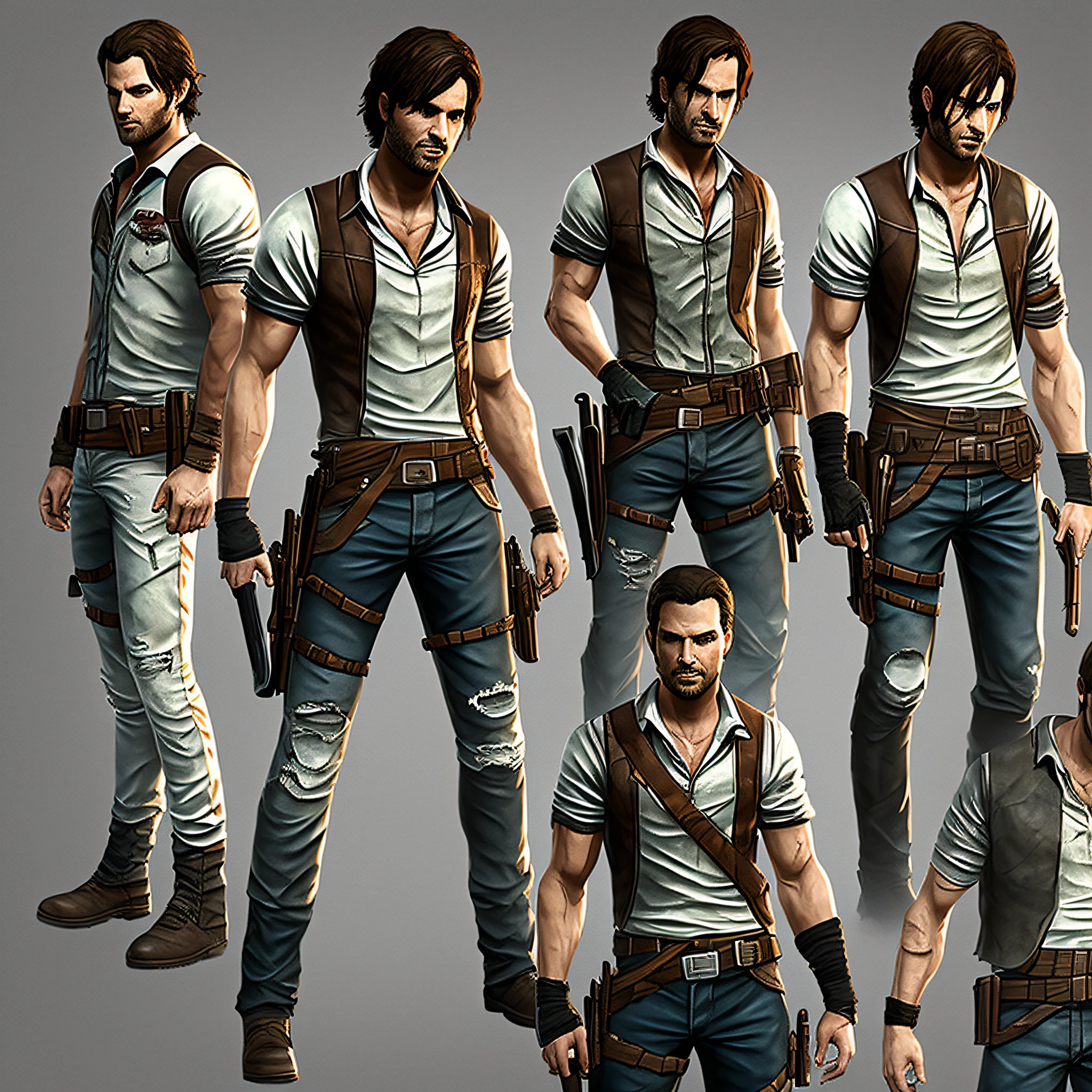 Character man, full body ((design sketches)), (masterpiece), extremely detailed, (original design), (random poses), (unique accessories), (current basic clothing), professionally retouched, white background, (male: 1.1) Brazilian, (jeans: 0.8), katana sword, (dirty: 1.1), (movement: 0.8), (young: 1.3), (sprint: 0.6) (survivor) (The Walking Dead concept) (Resident Evil concept) --auto --s2