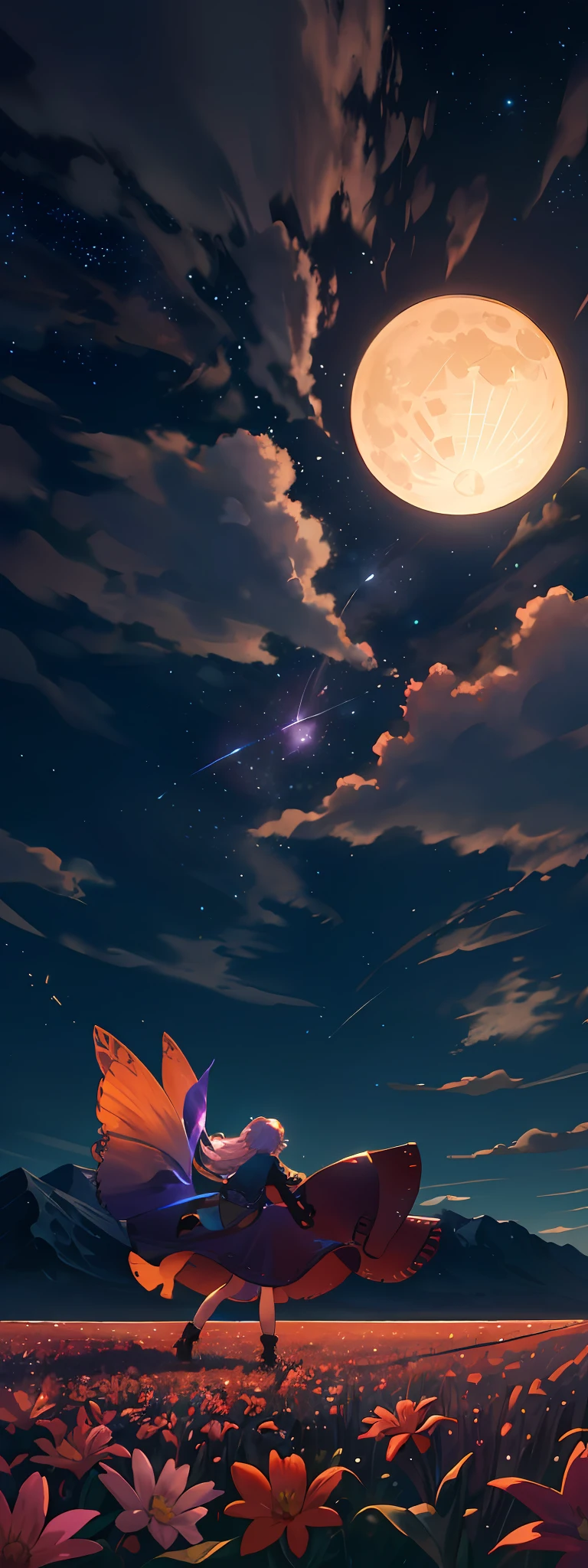 A wide landscape photo, (viewed from below, the sky is above, and the open field is below), a girl standing on a flower field looking up, (full moon: 1.2), (meteor: 0.9), (nebula: 1.3), distant mountains , Trees BREAK Crafting Art, (Warm Light: 1.2), (Firefly: 1.2), Lights, Lots of Purple and Orange, Intricate Details, Volumetric Lighting BREAK (Masterpiece: 1.2), (Best Quality), 4k, Ultra Detailed, (Dynamic Composition: 1.4), Rich in Detail and Color, (Rainbow Color: 1.2), (Glow, Atmospheric Lighting), Dreamy, Magical, (Solo: 1.2)