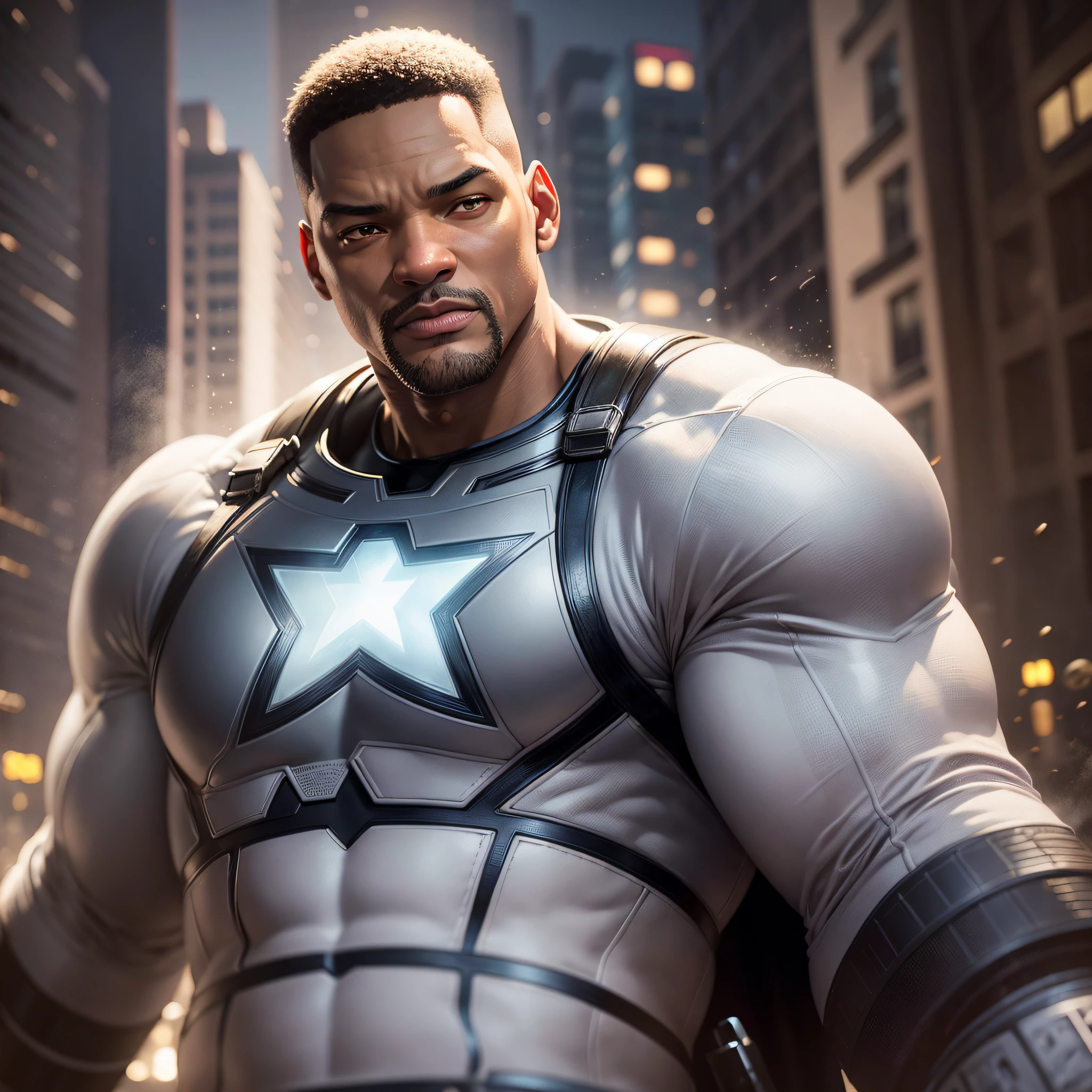 a huge white bear, Tarantino Will Smith style as Captain America 8k, high definition, detailed face, detailed face, detailed eyes, detailed suit, hyper-realistic, + cinematic plan + dynamic composition, incredibly detailed, sharpness, details + superb details + night with light + bright moonlight + Amazon rainforest + perfectionism + award-winning realism ((soft lighting)) --auto --s2