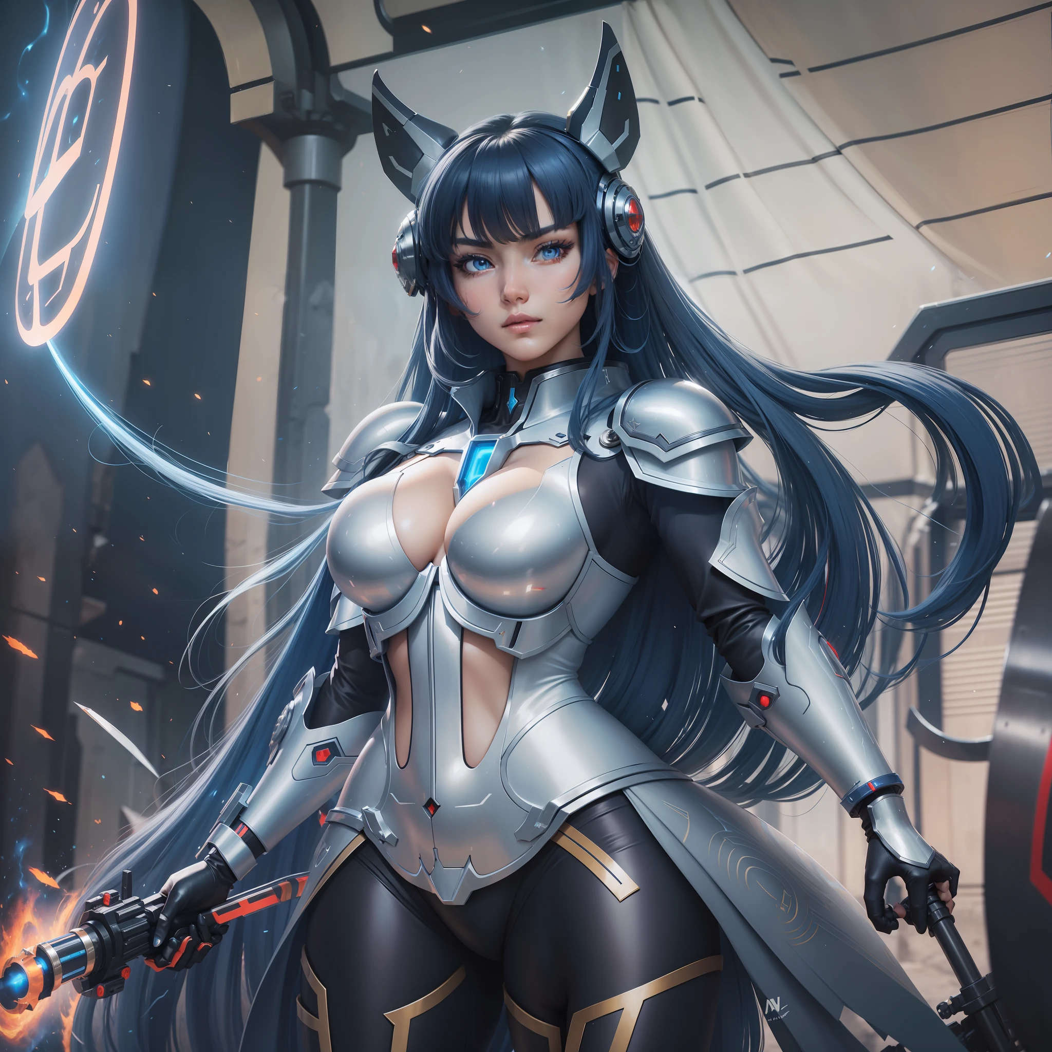 make a mecha girl with a shiny metal armor colors blue, red, white and black with details in neom long hair azuiz with a beautiful body and large bust the girl has to be looking at the audience wielding her imposing laser sword for battle, gorgeous face, anime style, movie photo, clear azuiz eyes, perfect and beautiful eyes, perfect hands, colors that enhance the character, perfect contrast and brightness, detailed armor, chrome metal, perfect body, extremely beautiful character, with light effects on the character, cinema effects