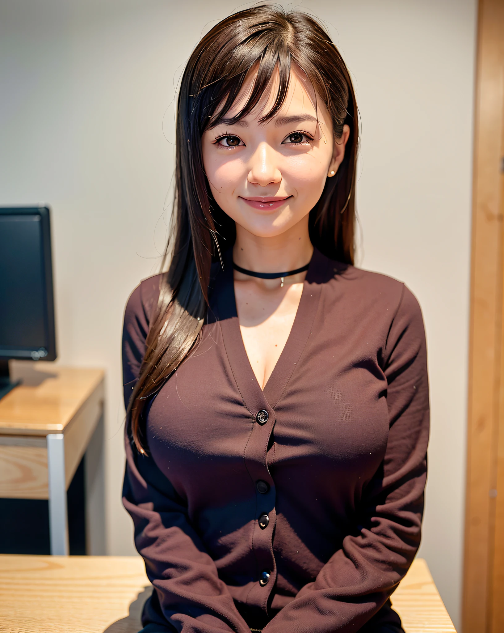 Top Quality, Face Focus, Soft Light, (Depth of Field), Ultra High Resolution, (Photorealistic: 1.4), RAW Photo, (Portrait: 1.4), (Front View)
1 Japan girls, office lady, solo, cute, (shy, smile:1.1), (brown eyes), detailed beautiful face, (midi_hair),
office, (cute breasts: 1.2),
(Recruit Suit)