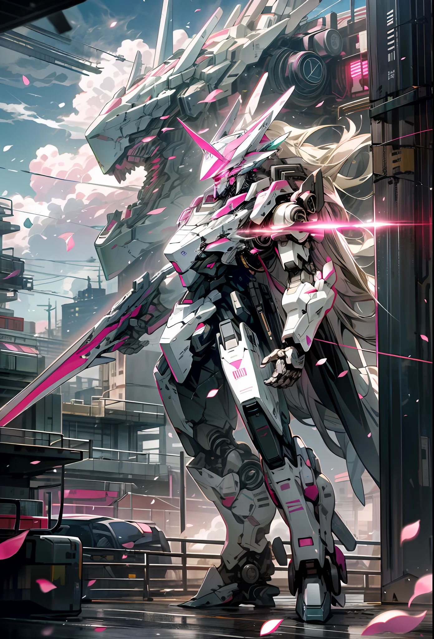 Sky, Clouds, holding_weapon, no_humans, Glow, Robot, Architecture, glowing_eyes, Mecha, Science Fiction, City, Reality, Mecha, Romance, Pink, White ,,,, Petals