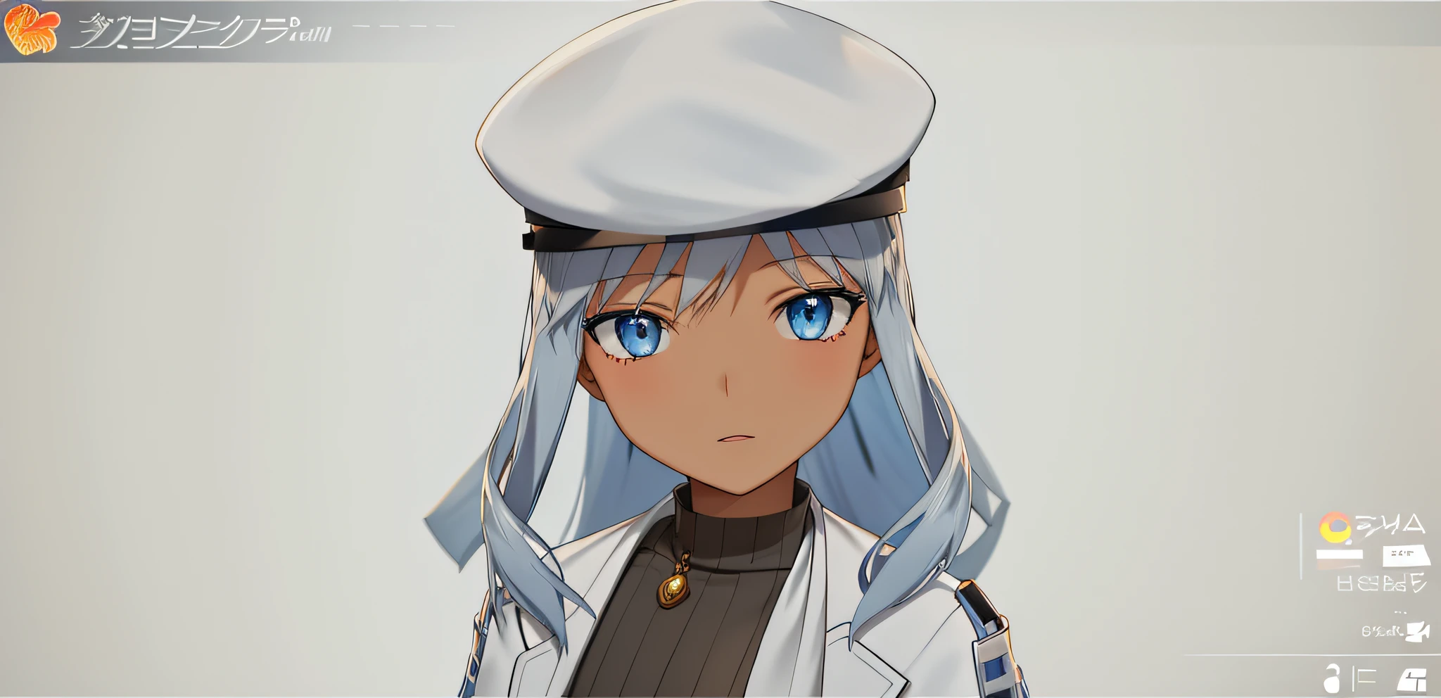 Anime character with blue eyes and white hat, masterpiece, top quality, high resolution, dark skin, silver hair