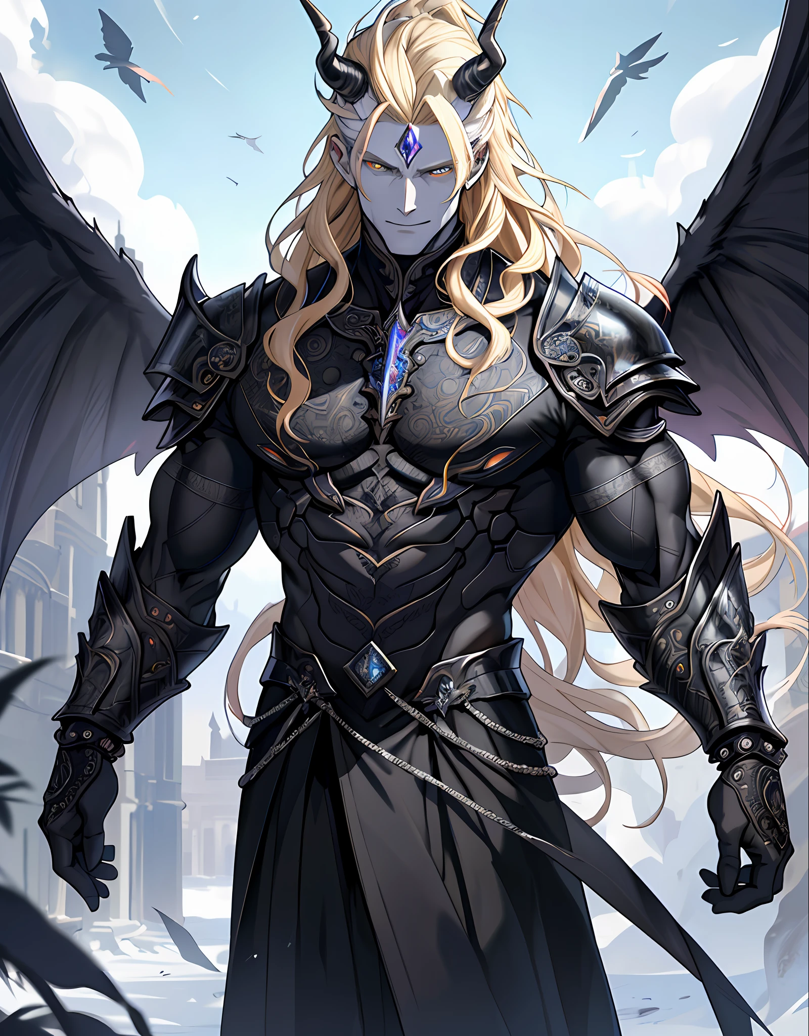 ((raw photo)), ((masterpiece)), anthropomorphic humanoid Demon wearing obsidian armor, intricate detail, futobot, intricate Greebles pieces, sky behind, beautiful face, large black wings, long blonde hair, very white skin, diamond eye, a unicorn horn on the forehead, lucifer, muscle