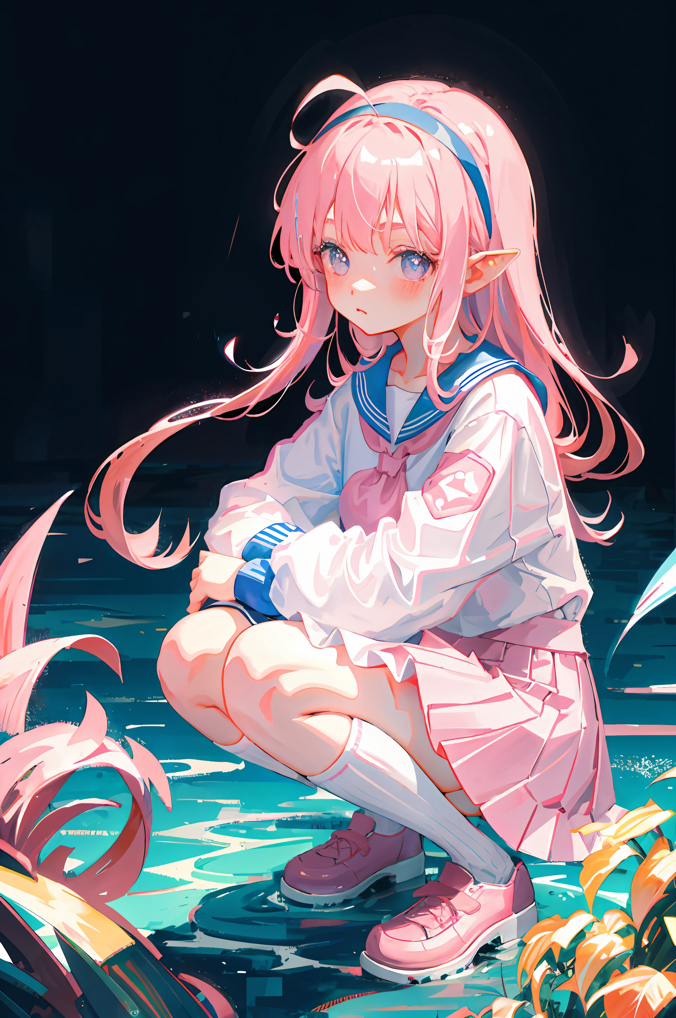 little girl, pink sailor suit, light pink hair, usa-eared headband, knee-high socks, squatting composition, background psychedelic,